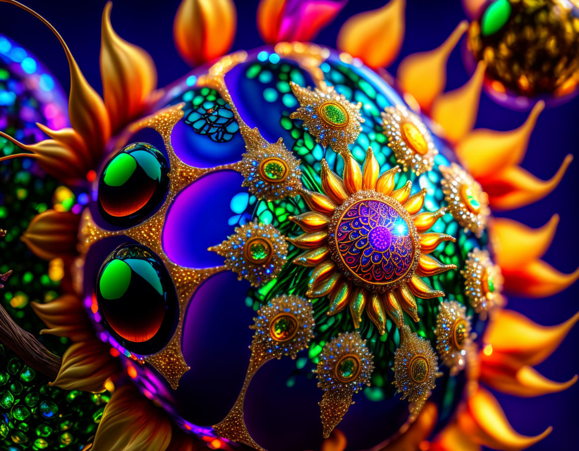 Colorful Fractal Image: Fiery Sun Pattern on Blue Background