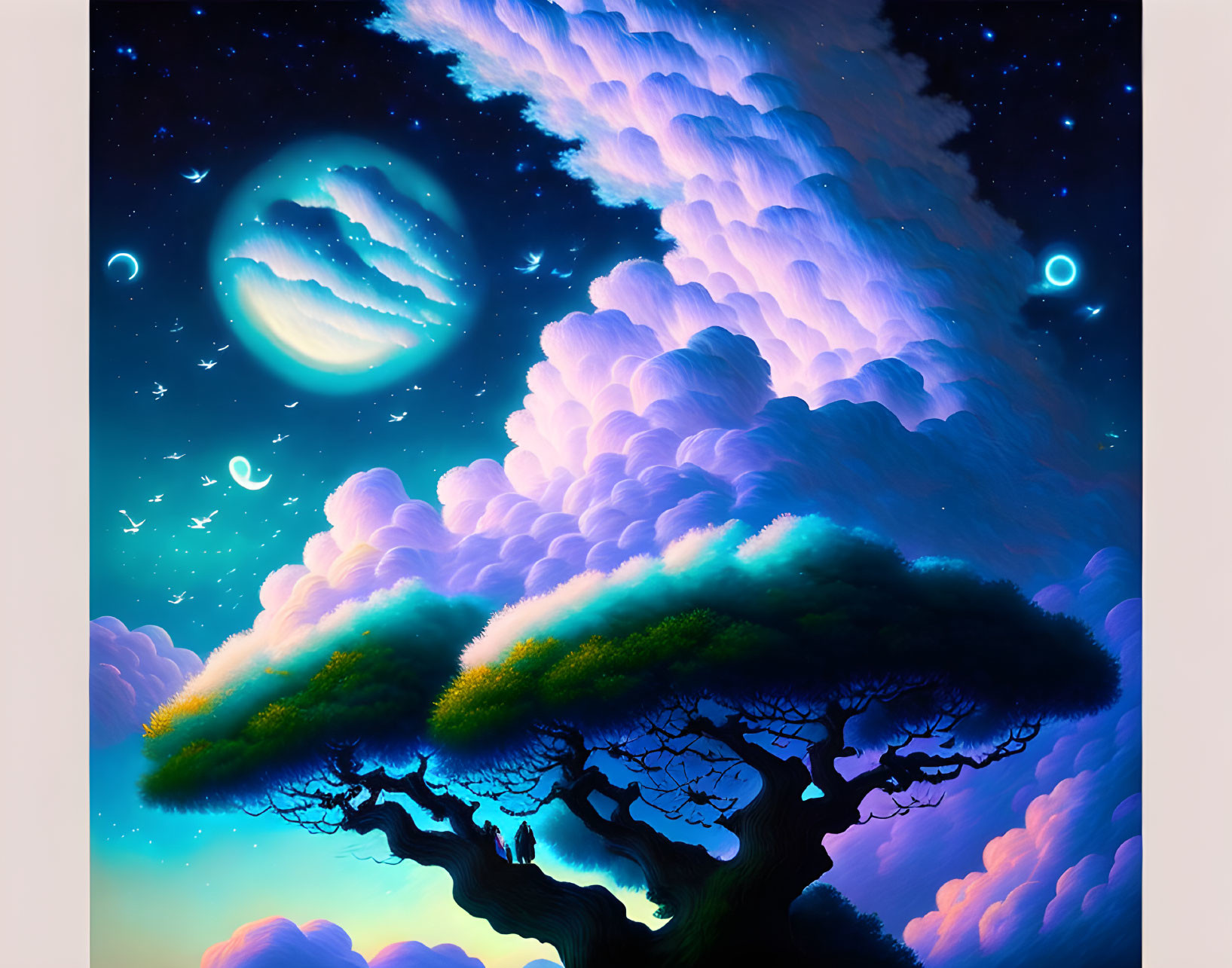 Colorful whimsical tree under night sky with moon and stars.