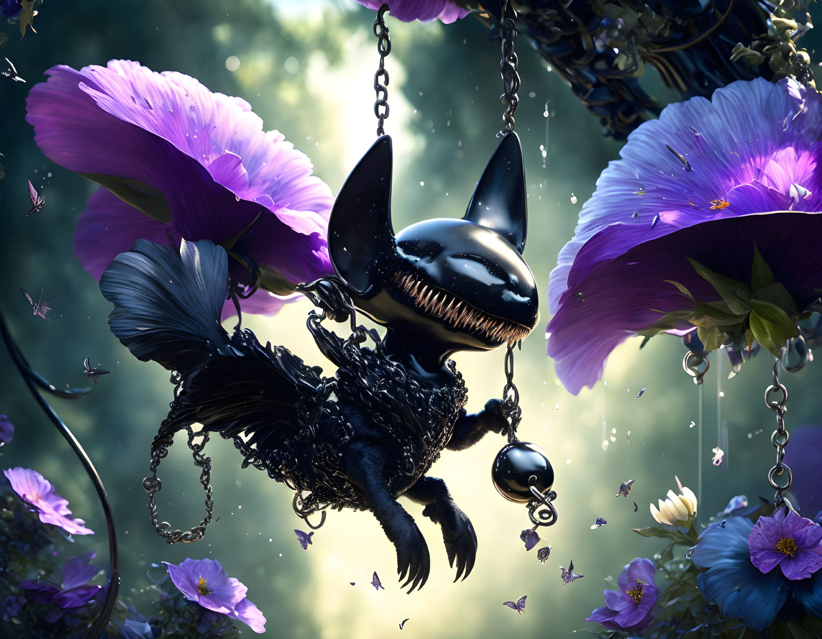 Fantastical creature with shark-like head, black feathery body, bat-like wings among purple