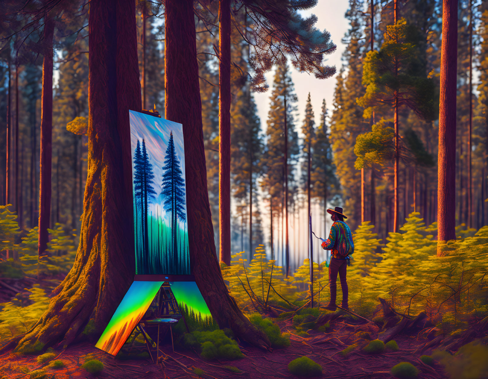 Forest Scene Painting on Canvas with Glowing Warm Light