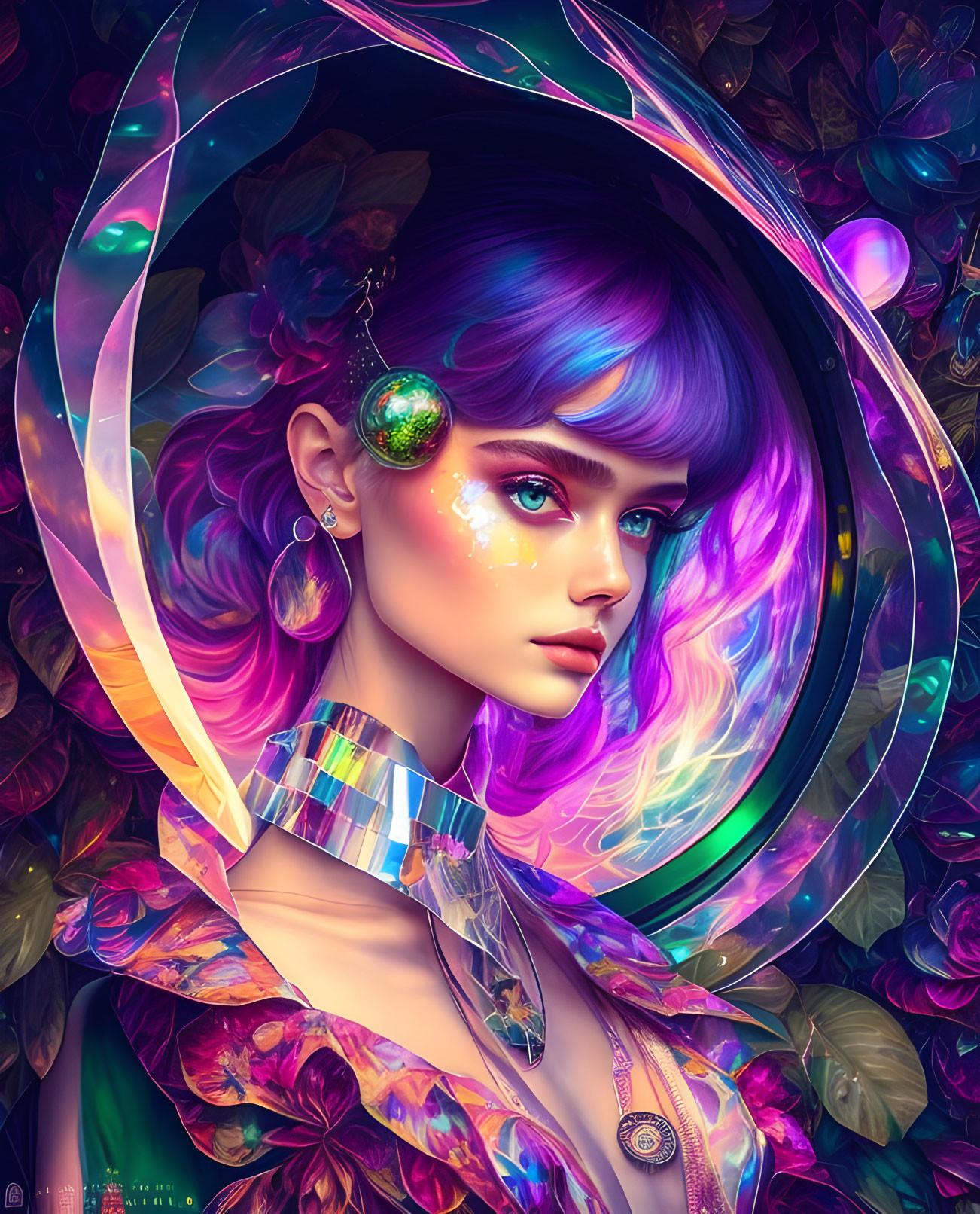 Colorful digital portrait of female character with purple hair and cosmic background