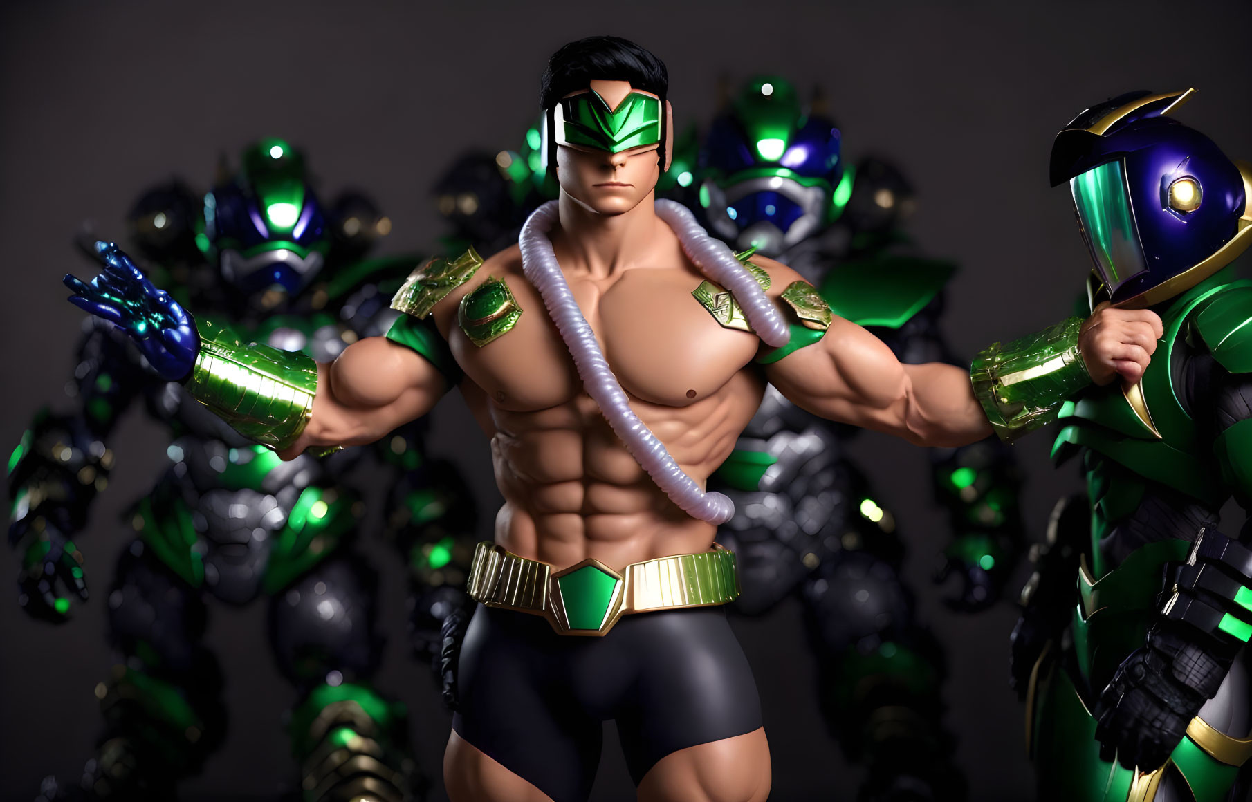 Muscular figure in green mask with gold accessories surrounded by armored individuals with green visors