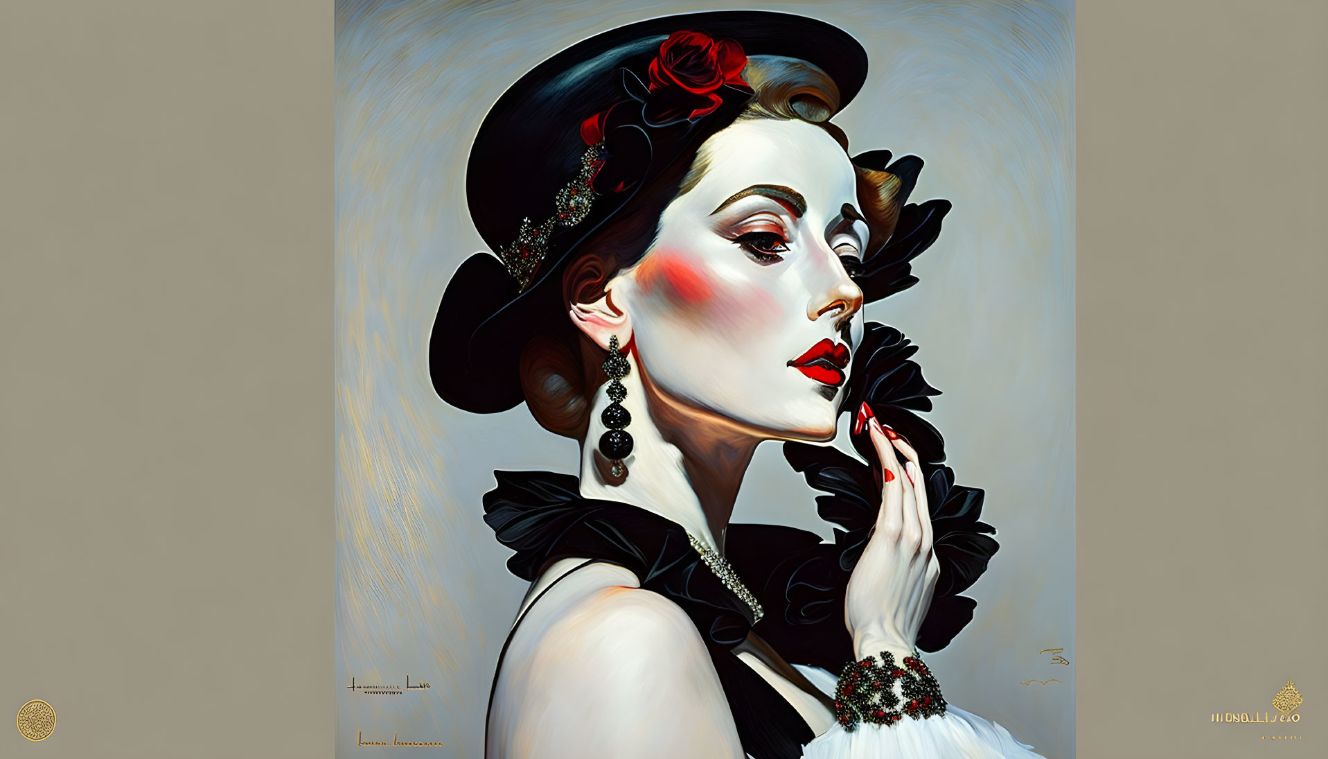 Stylized portrait of woman with rose-adorned hat, dramatic makeup, posh earrings