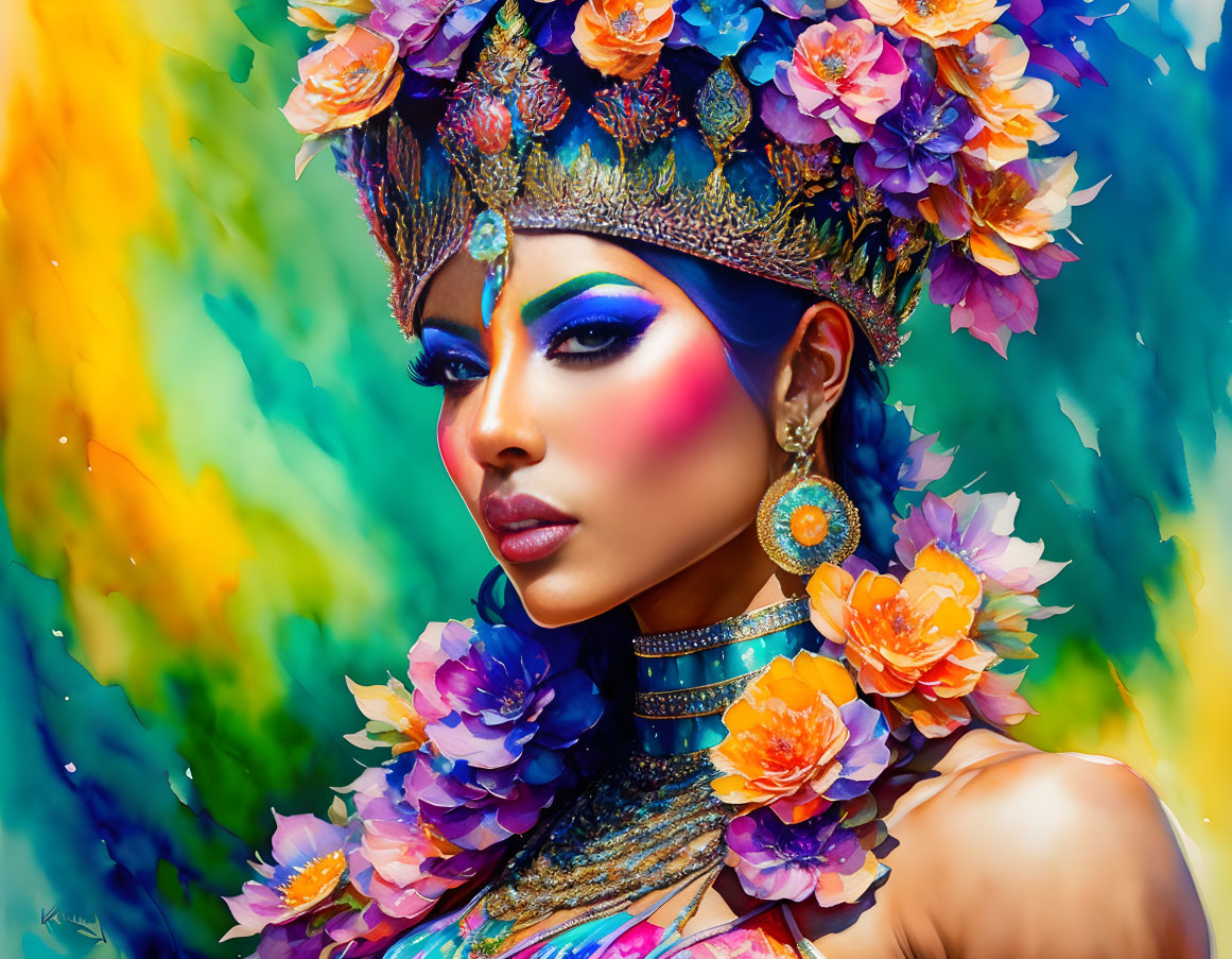 Colorful Floral Attire and Elaborate Headpiece in Exotic Setting