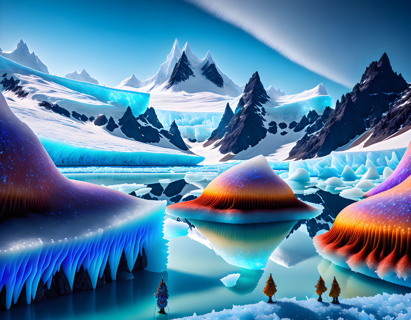 Fantastical icy landscape with colorful formations mirrored on calm water.