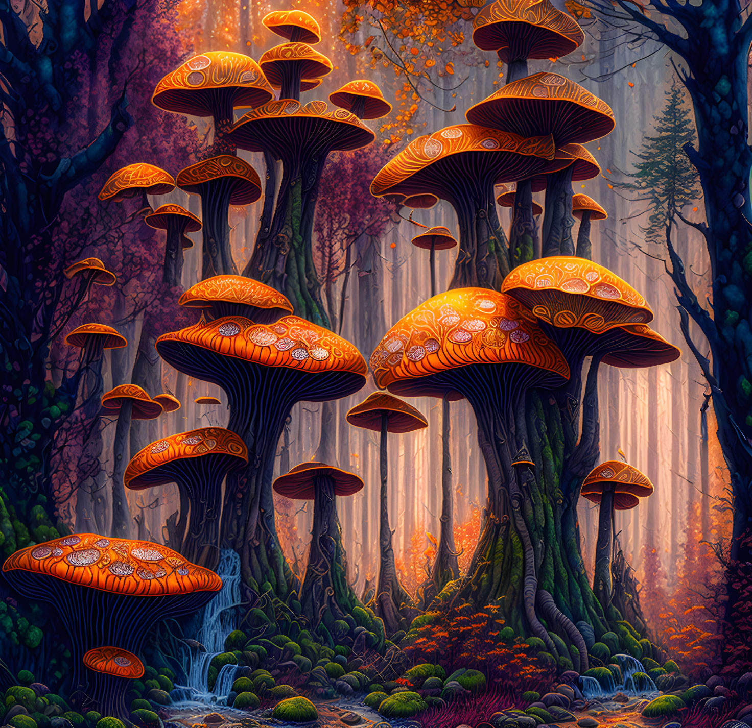 Enchanting fantasy forest with oversized glowing mushrooms and mystical lighting