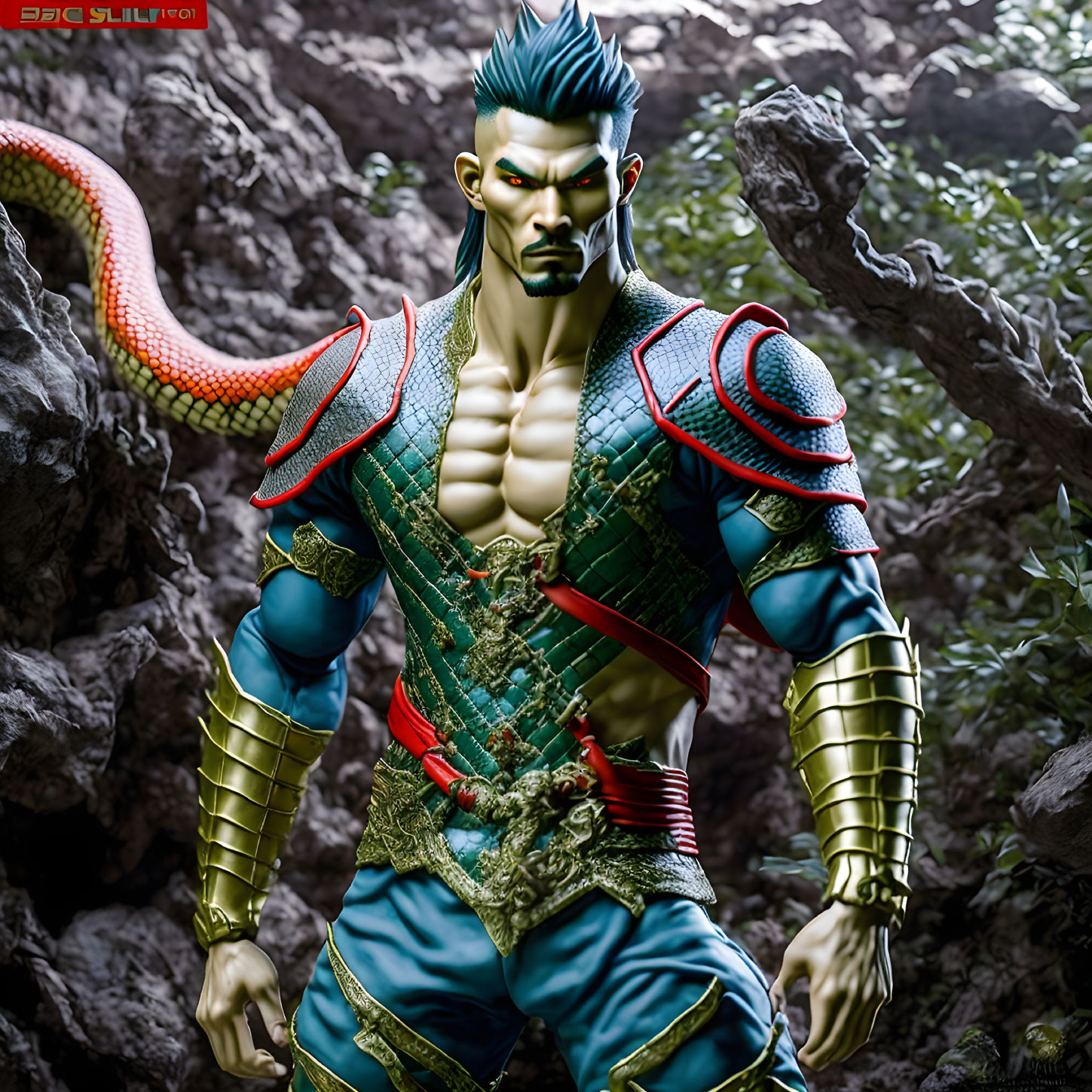 Muscular Blue Skin Green Hair Action Figure in Traditional Armor Pose