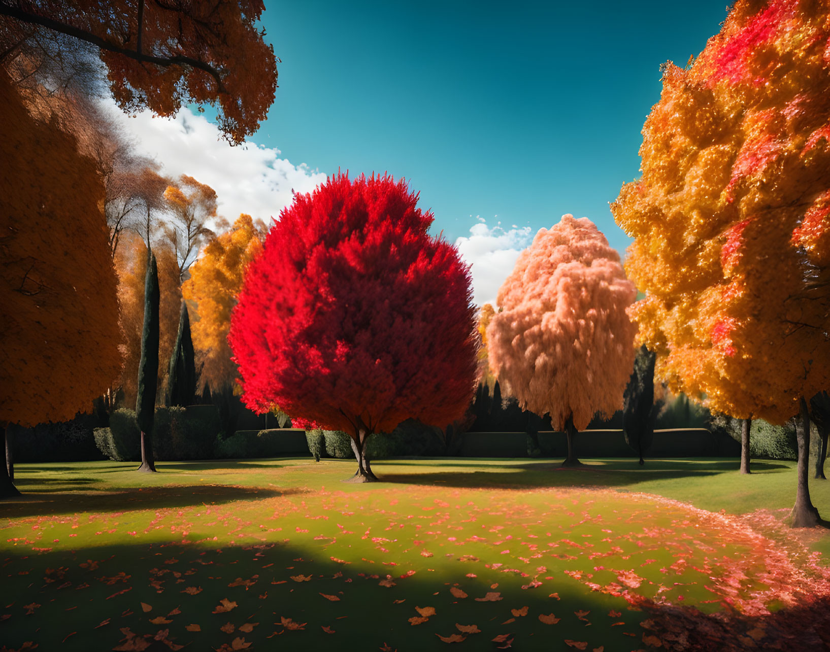 Colorful autumn foliage on round trees in serene park setting with blue sky and fallen leaves.