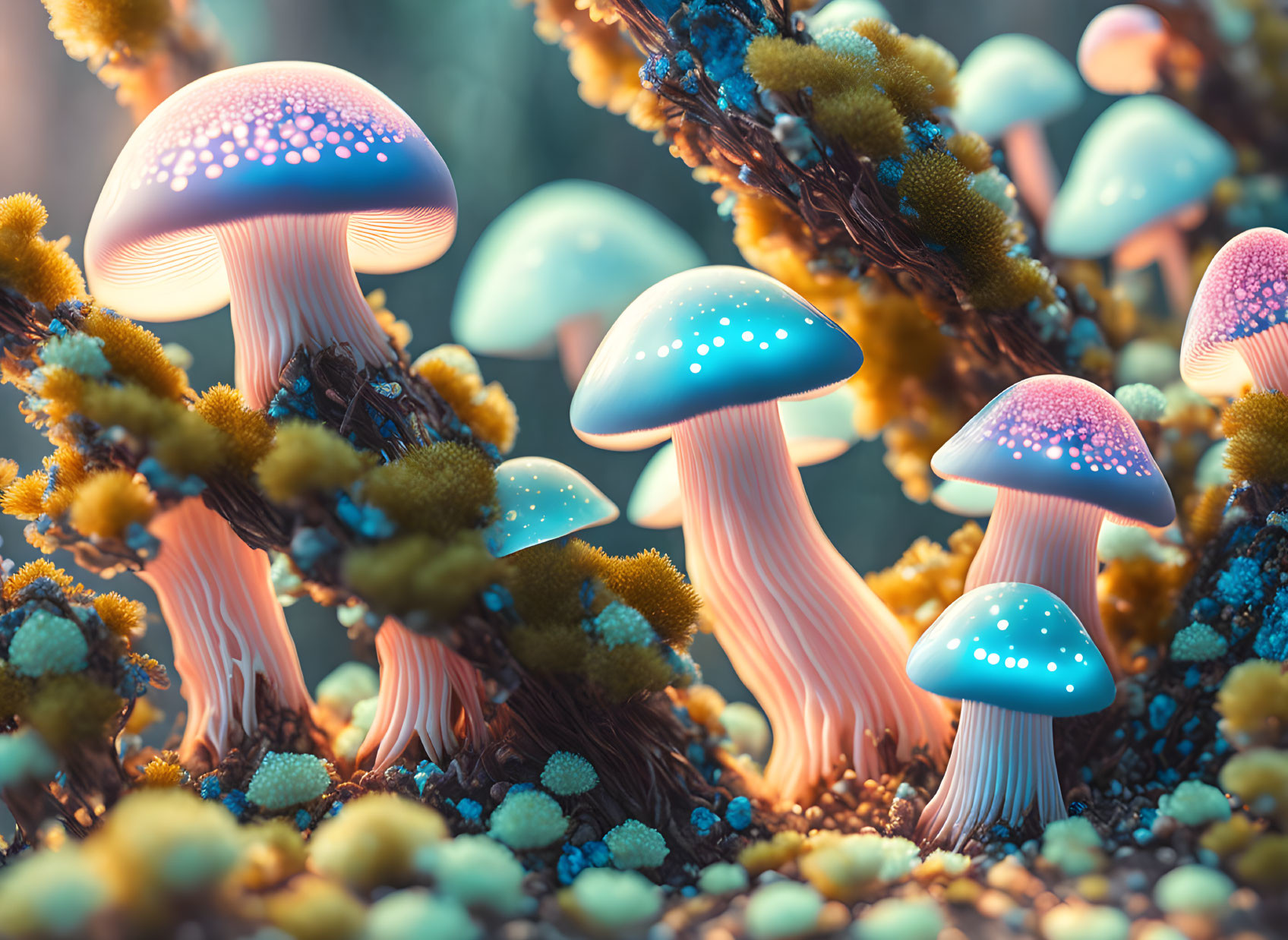 Bioluminescent mushrooms in mystical forest with vibrant mossy floor