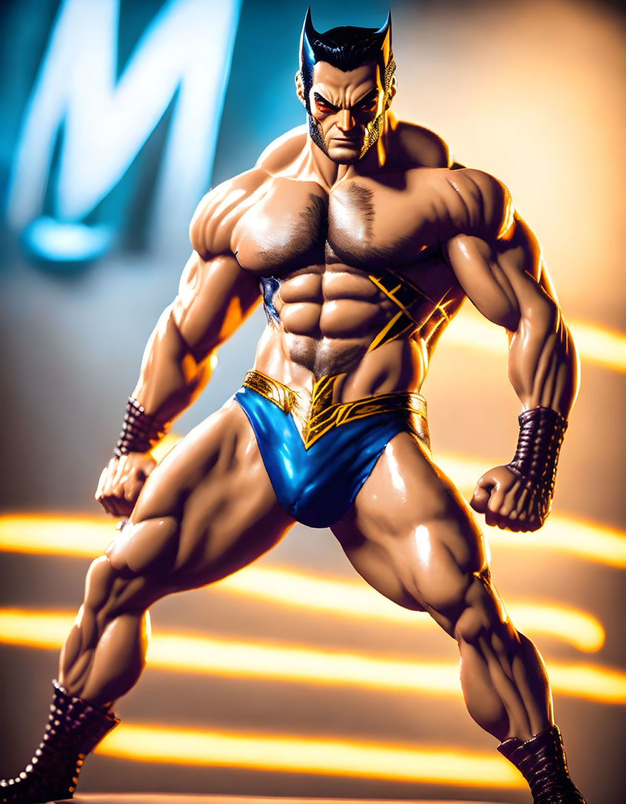 Muscular Superhero with Black Mask and Blue/Yellow Costume in Animated Style