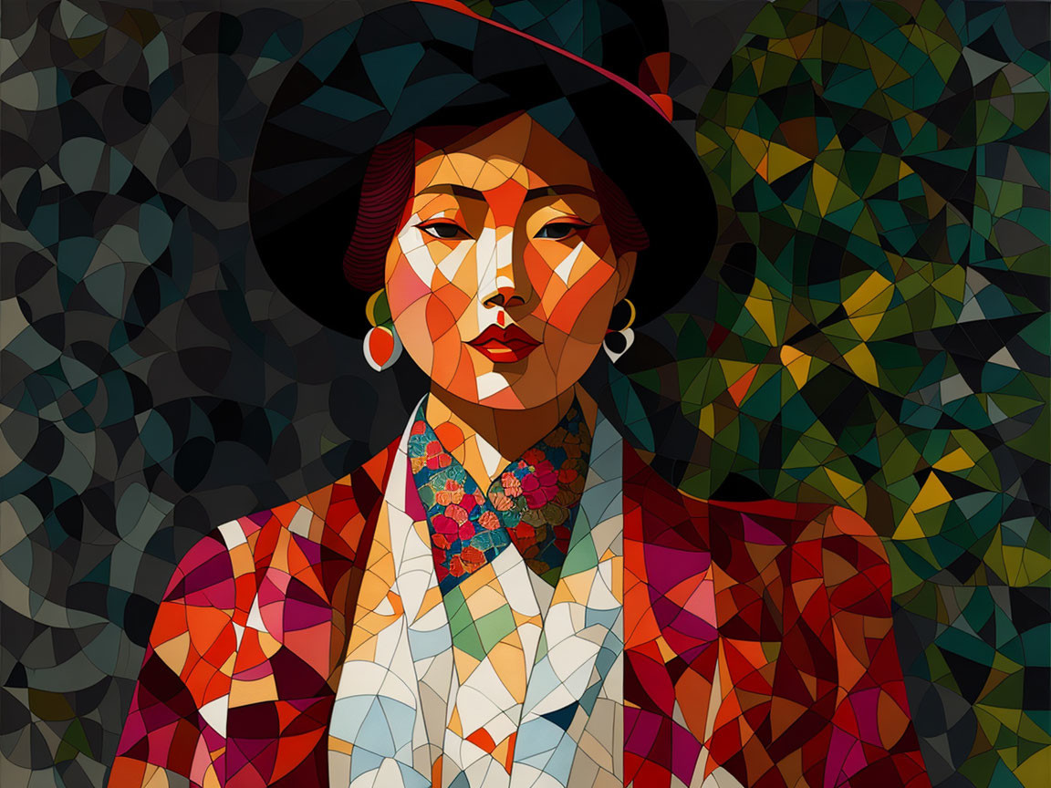 Vibrant geometric mosaic portrait of a woman with hat and earrings