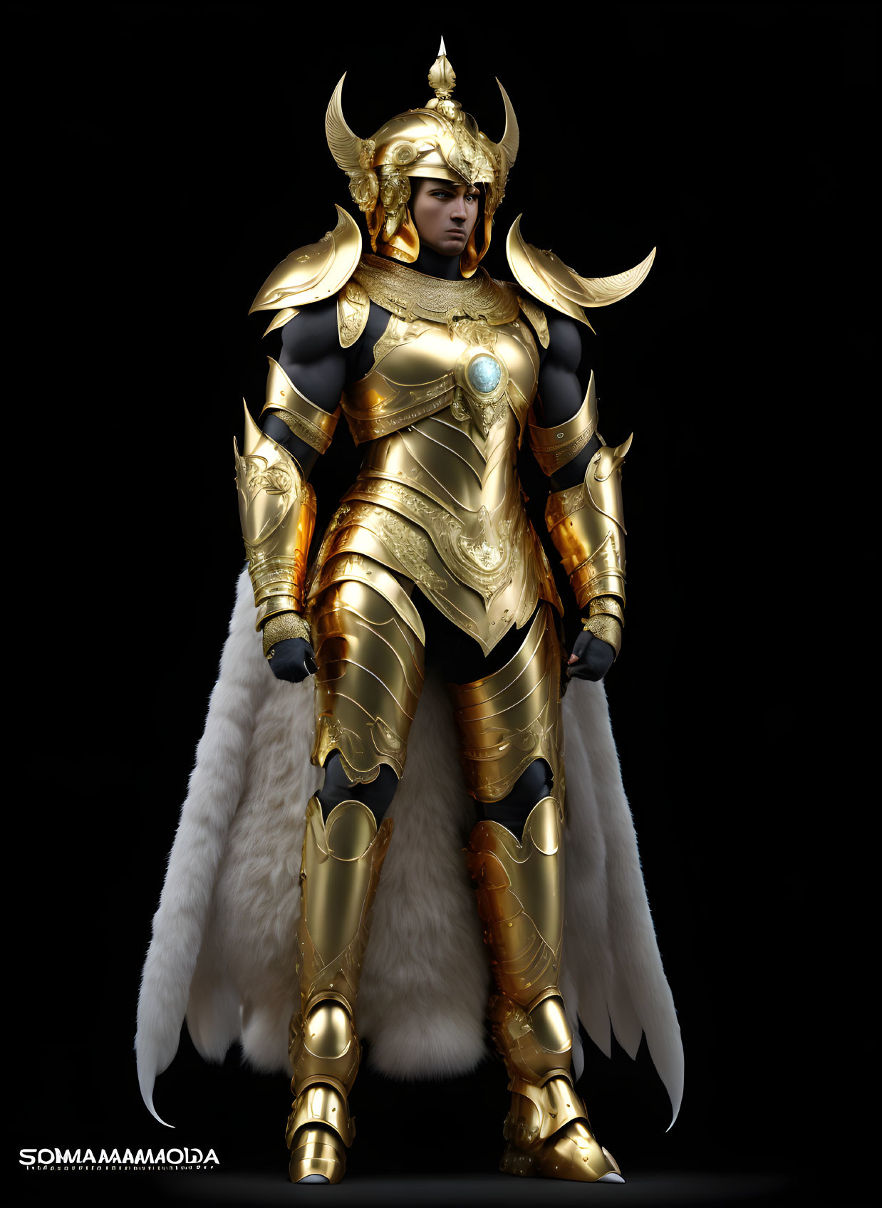 Regal figure in golden armor with winged helmet and white cape