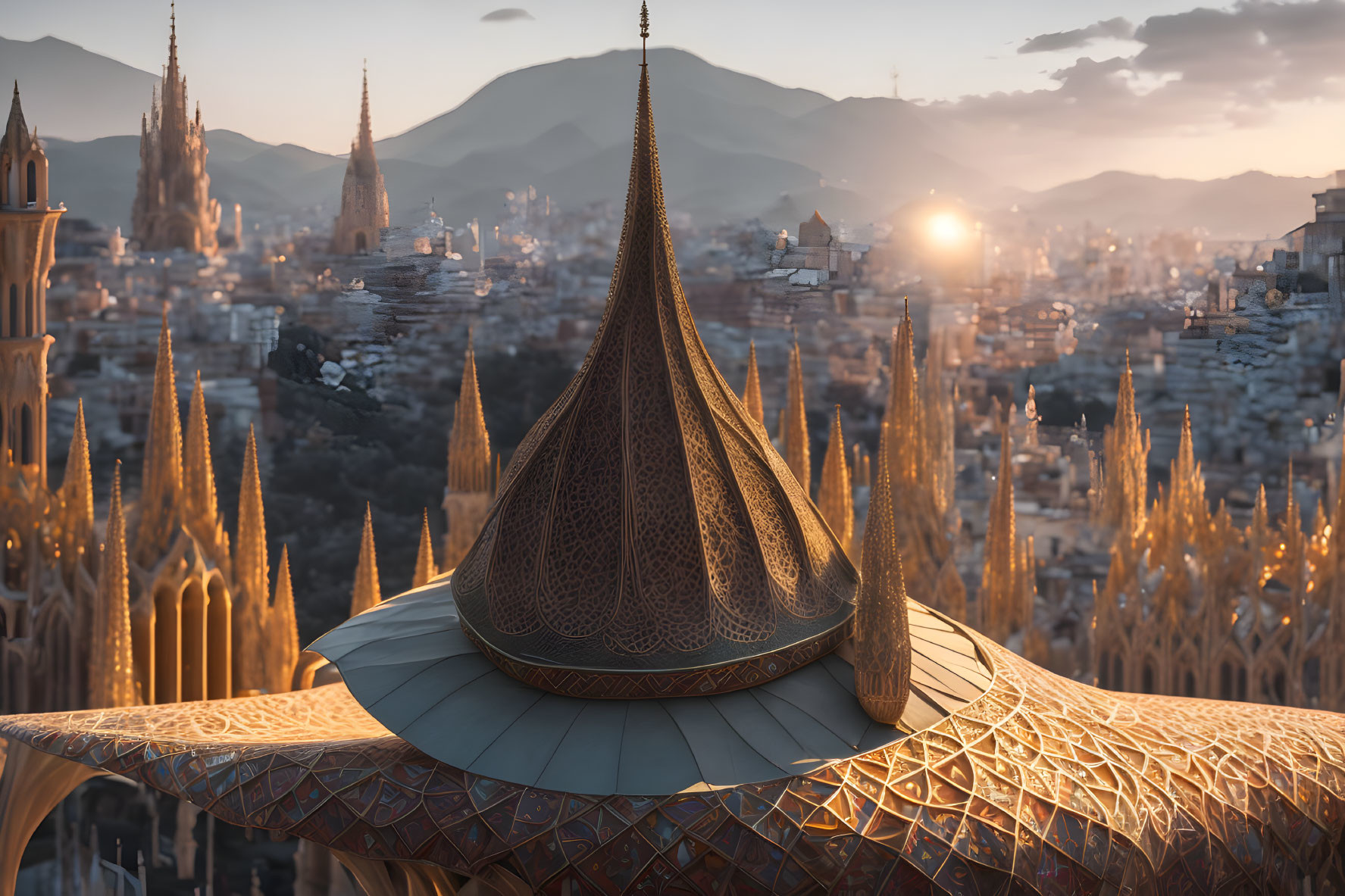 Geometric patterned spire overlooking city at sunset