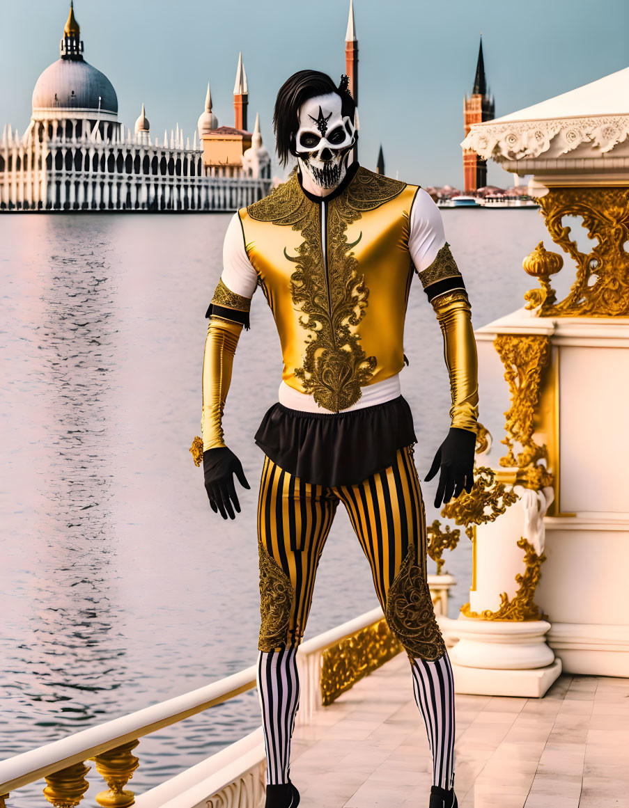 Skeletal makeup person in festive golden costume by ornate building