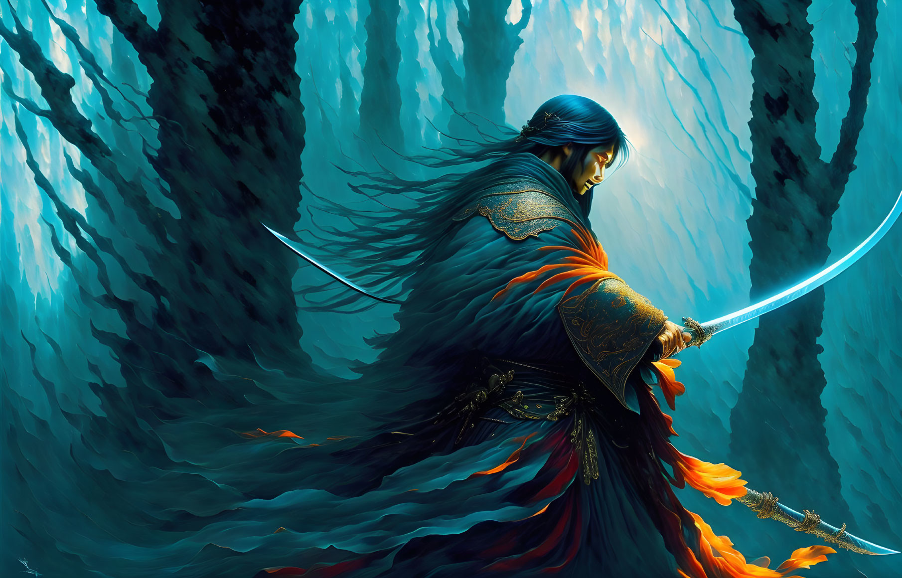 Illustrated warrior in flowing robes with curved swords in ethereal forest.