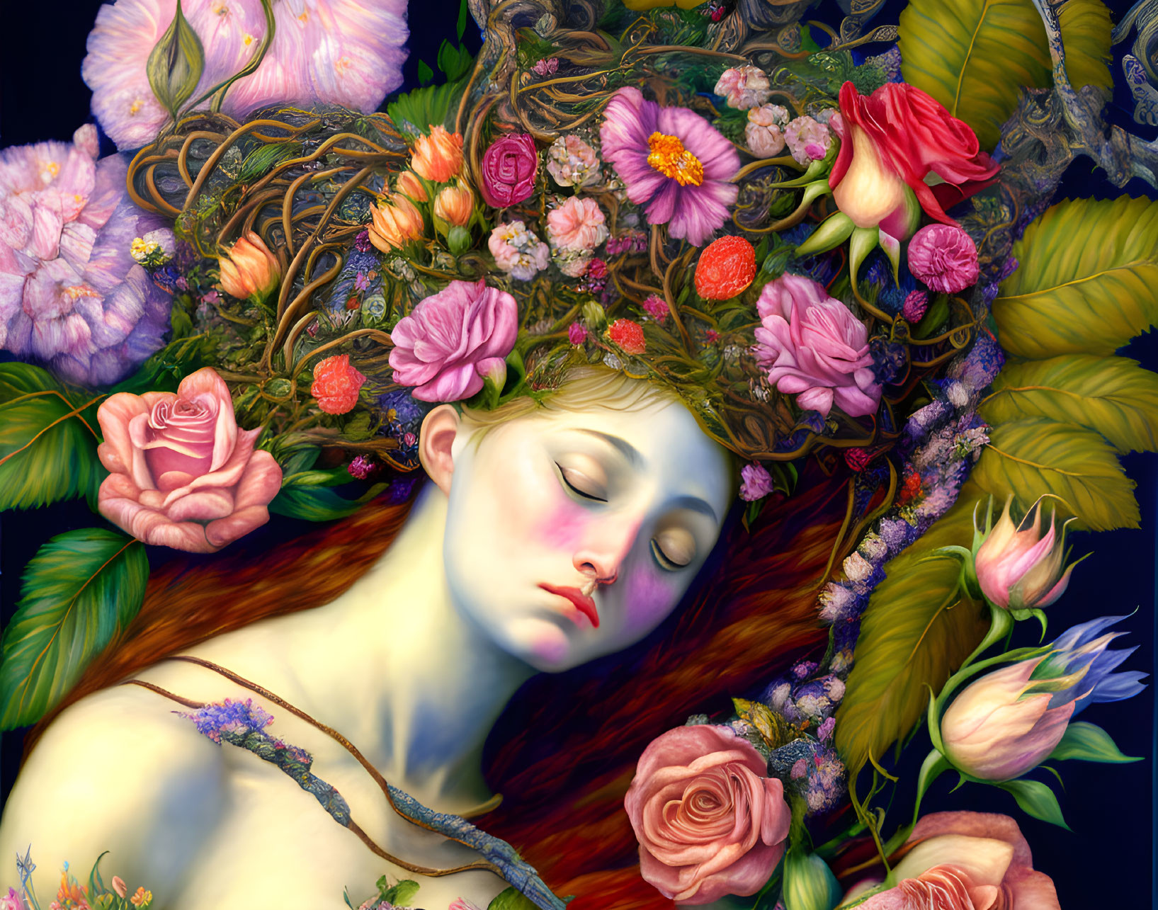 Female figure with floral crown sleeping on dark background