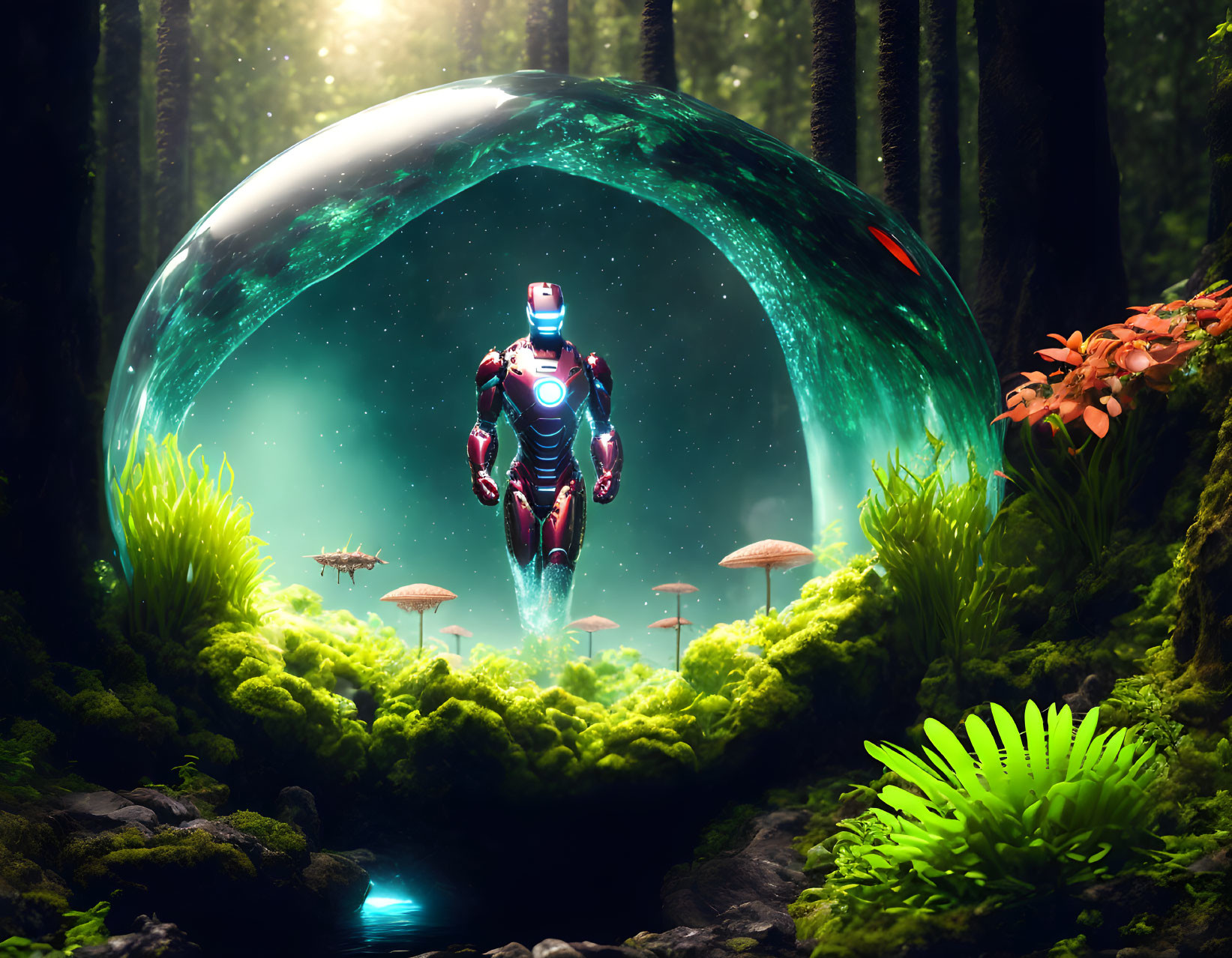 Futuristic astronaut in protective bubble in lush forest with mushrooms and ferns under starry sky