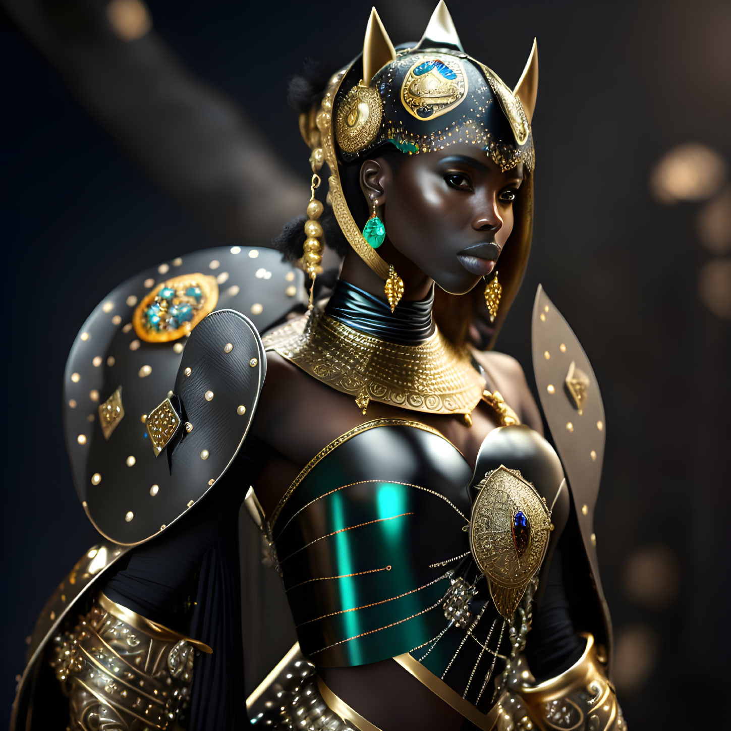 Dark-skinned warrior woman in gold and black armor and jewelry