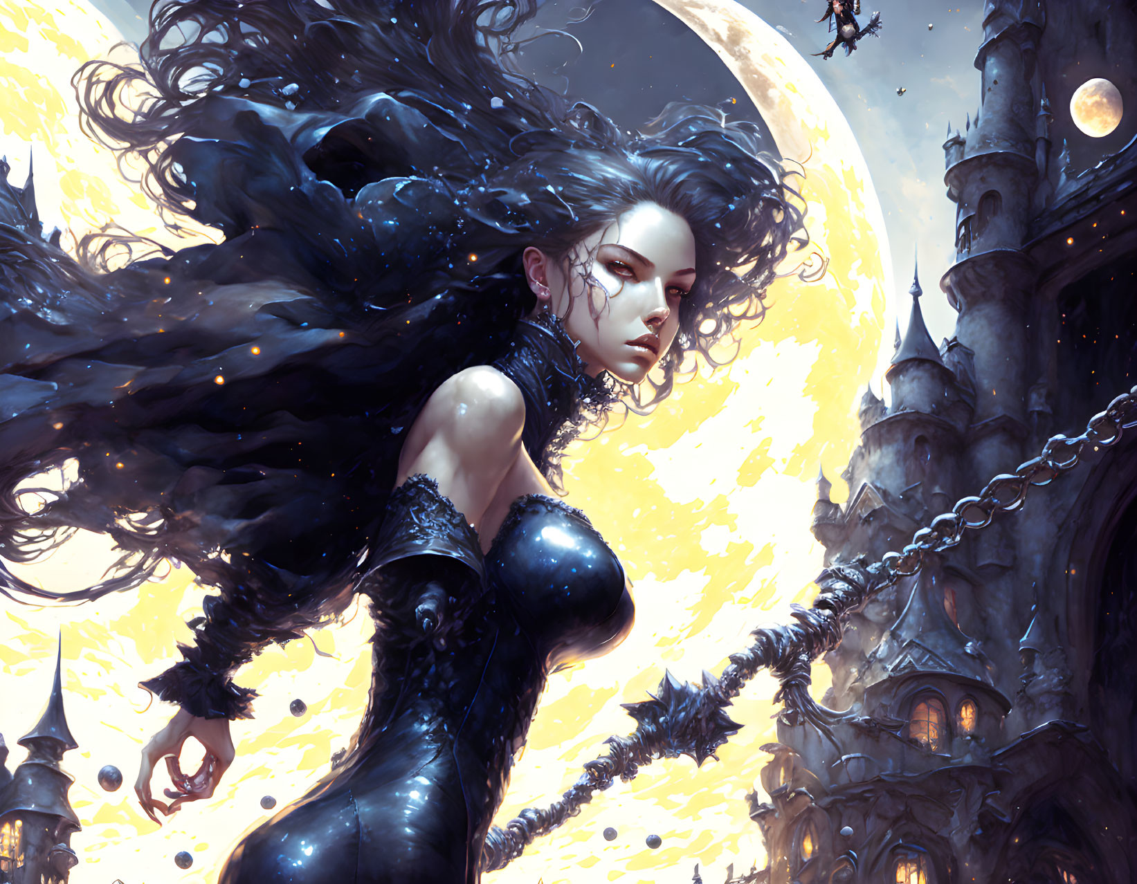 Fantasy artwork of woman with black hair chained to castle