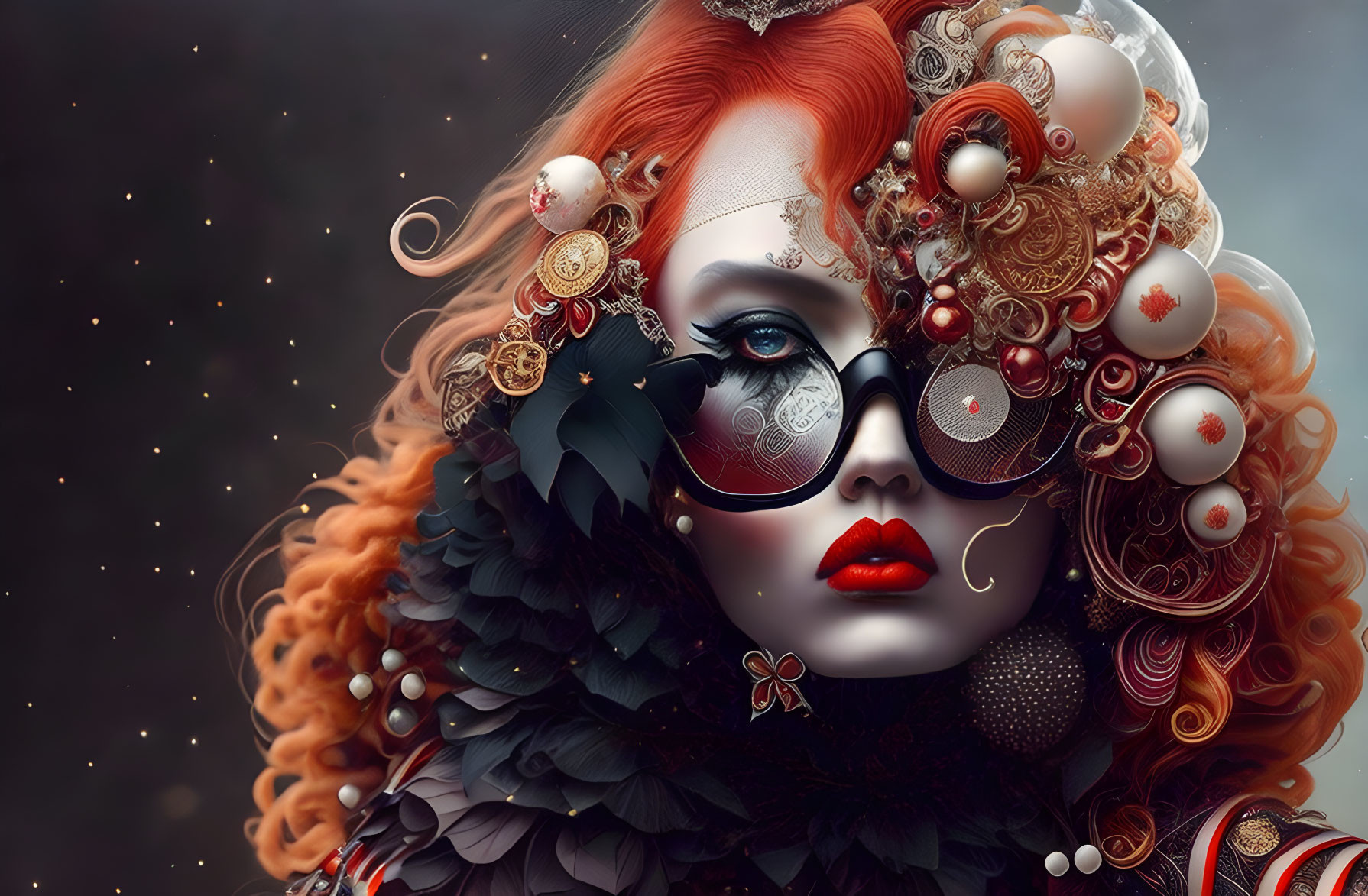 Vibrant digital artwork featuring a woman with red curly hair and steampunk accessories
