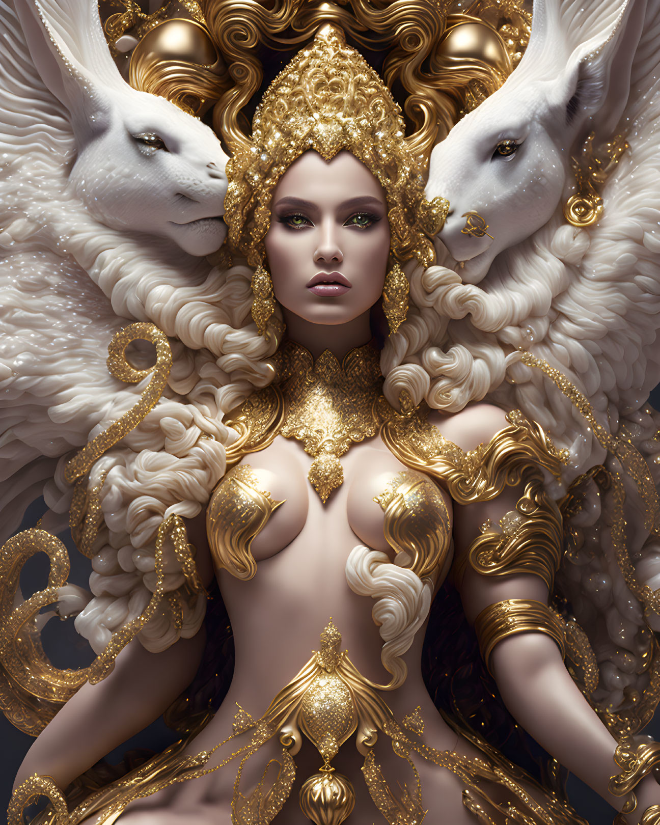 Regal Woman with Golden Headgear and Majestic White Creatures