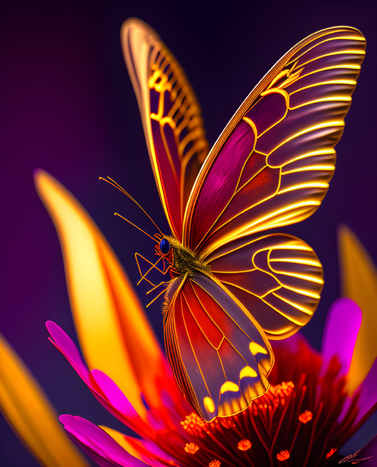 Colorful Orange Butterfly on Flower Against Purple Background