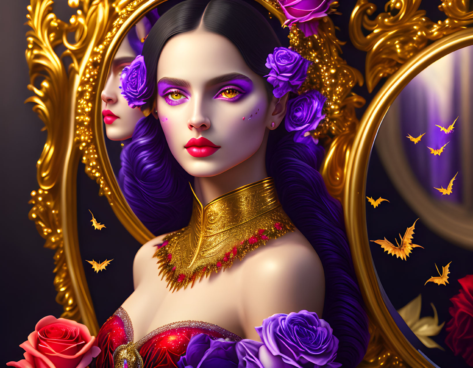 Digital Artwork of Woman with Purple Eyes and Mirror Reflections