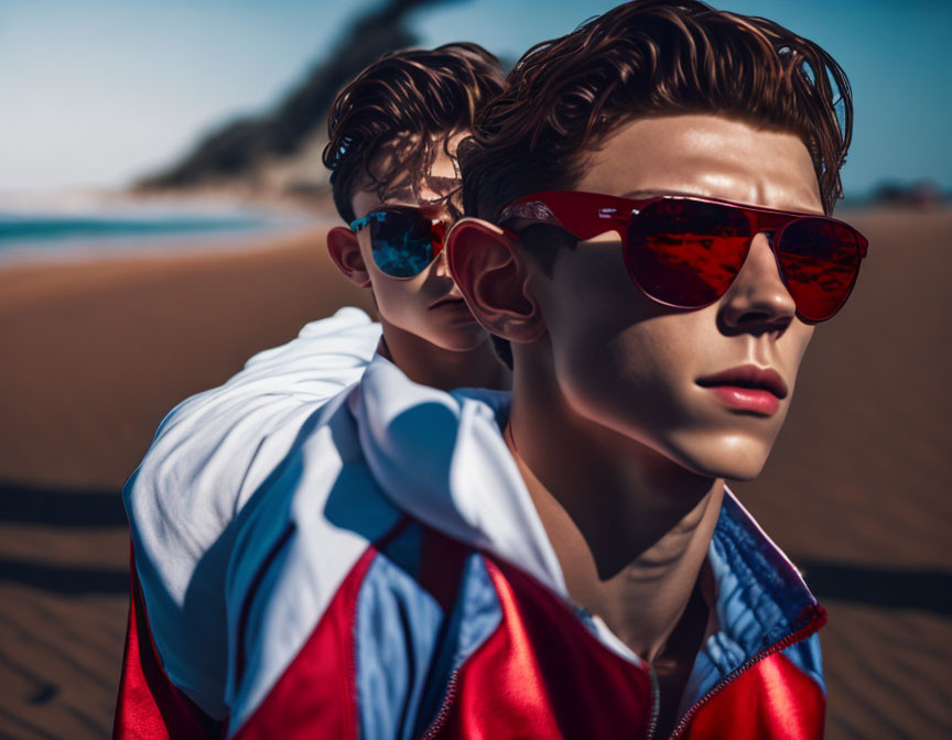 Trendy young individuals in sunglasses and jackets at beach with clear skies