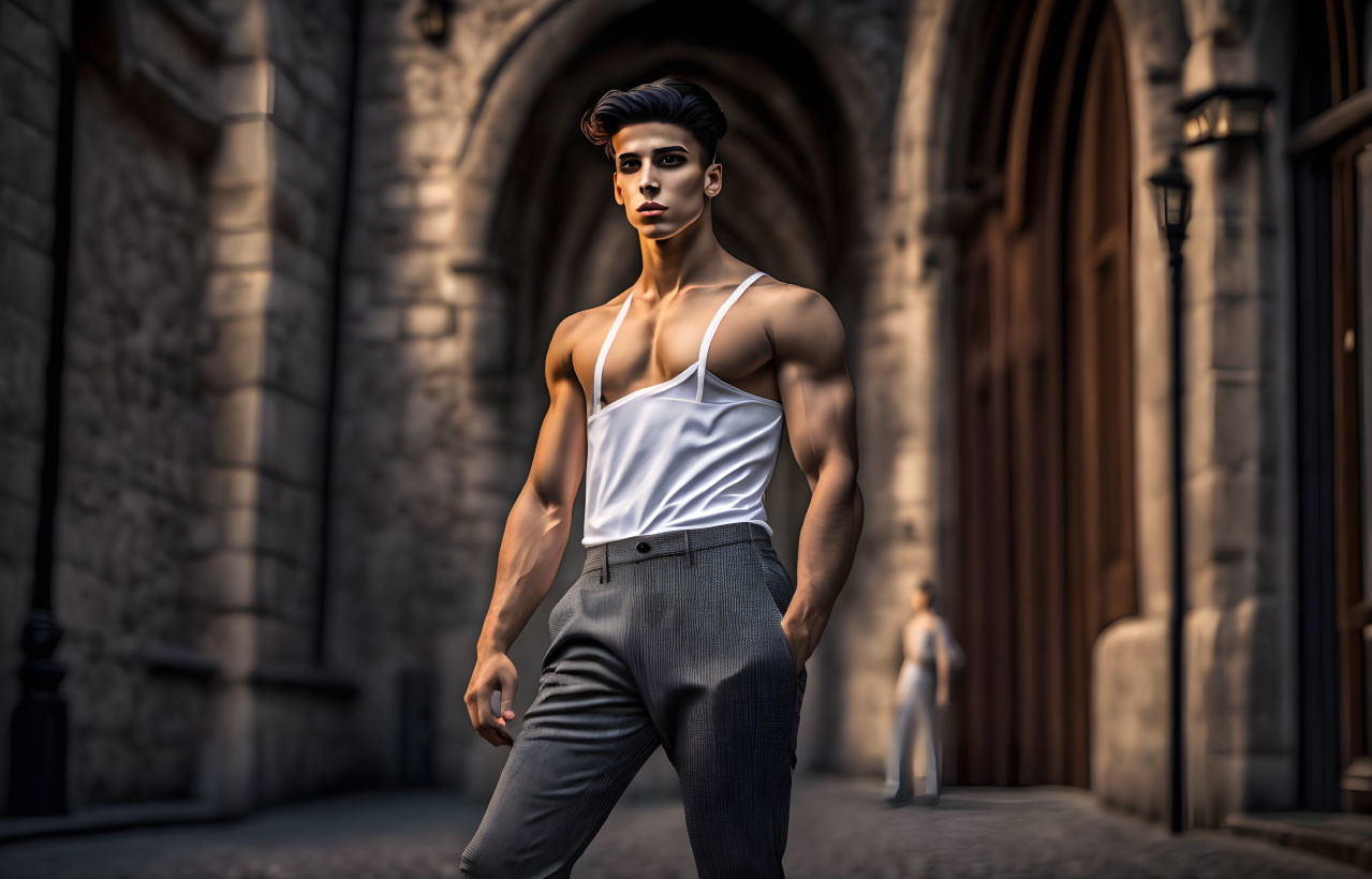 Confident man in white tank top and gray trousers against classic architecture.