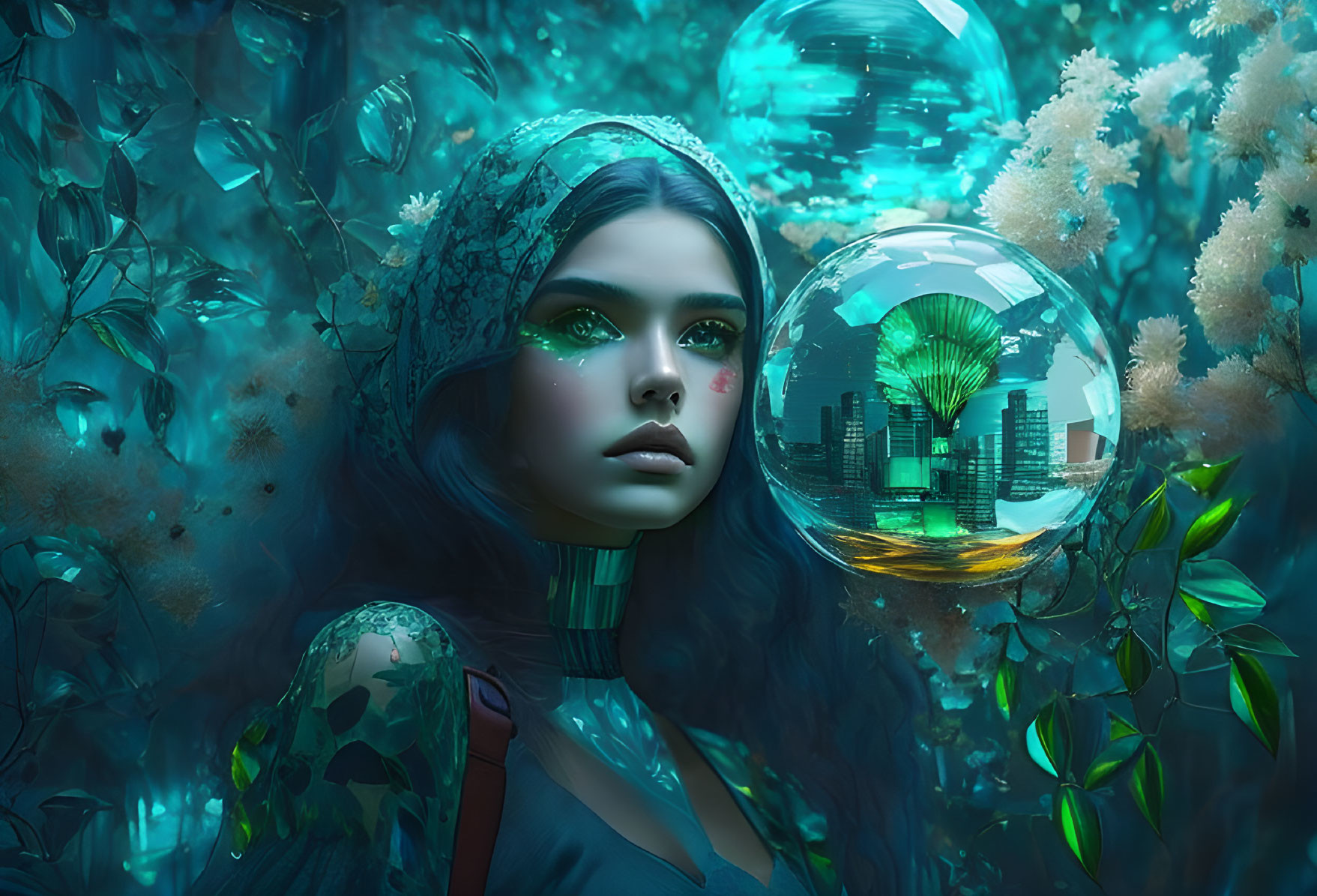 Fantasy art of serene woman in lush greenery with cityscape bubbles in blue setting