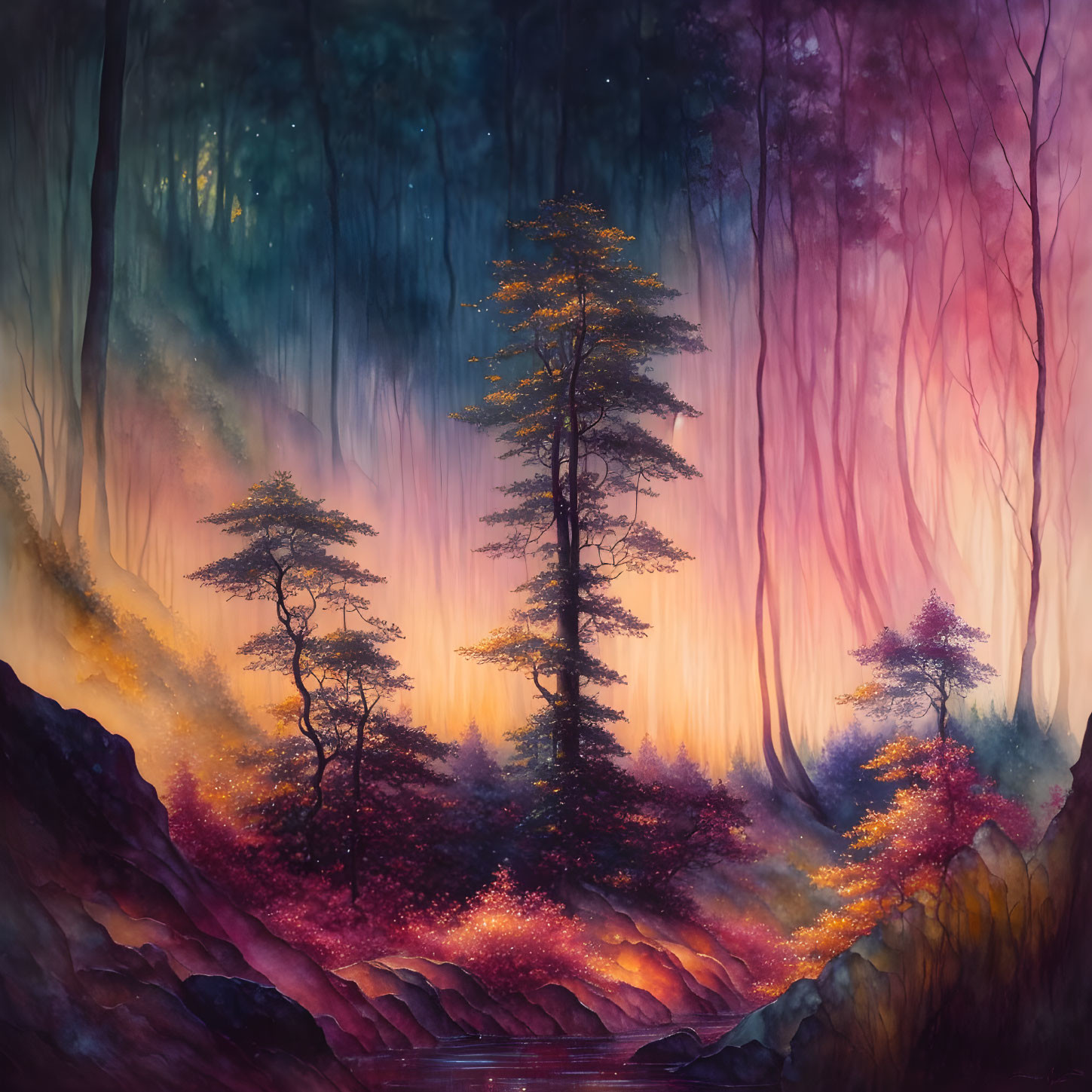 Colorful mystical forest painting with glowing path under twilight sky