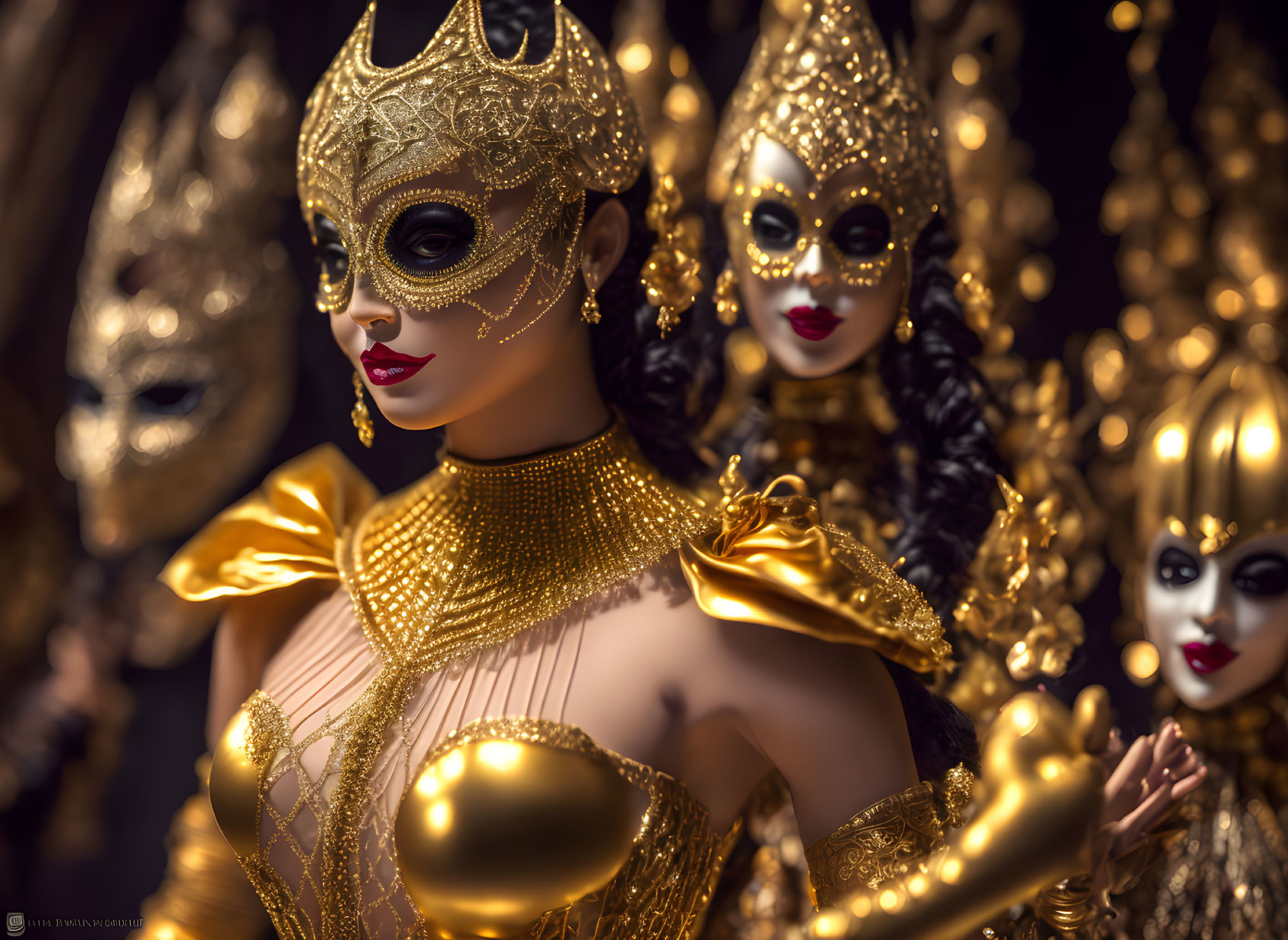 Intricate Gold-Patterned Venetian Masks on Blurred Background