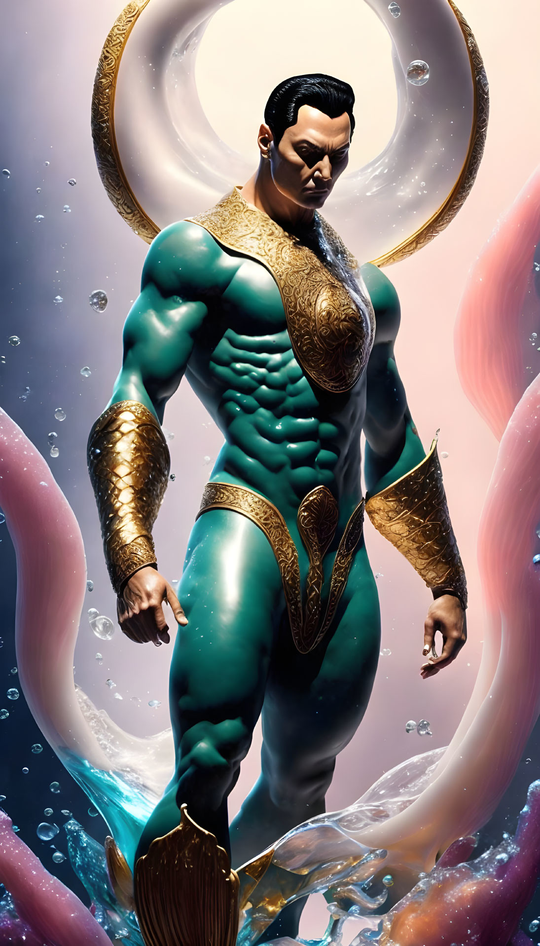 Muscular superhero in golden armor with circular symbol in cosmic backdrop