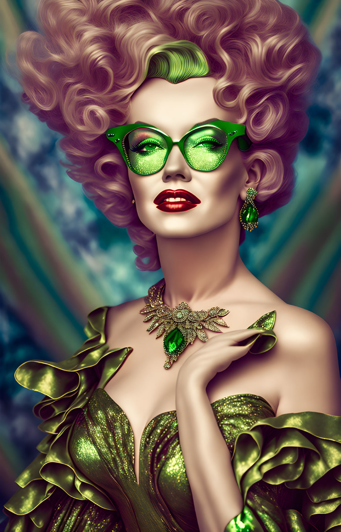 Portrait of Woman with Curly Hair, Green Sunglasses, and Ruffled Dress