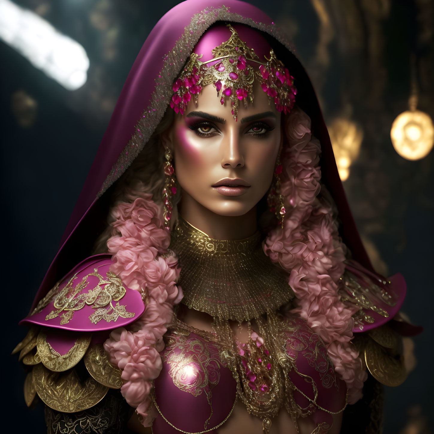 Detailed portrait of woman in ornate golden and pink attire with intricate headpiece and choker against muted