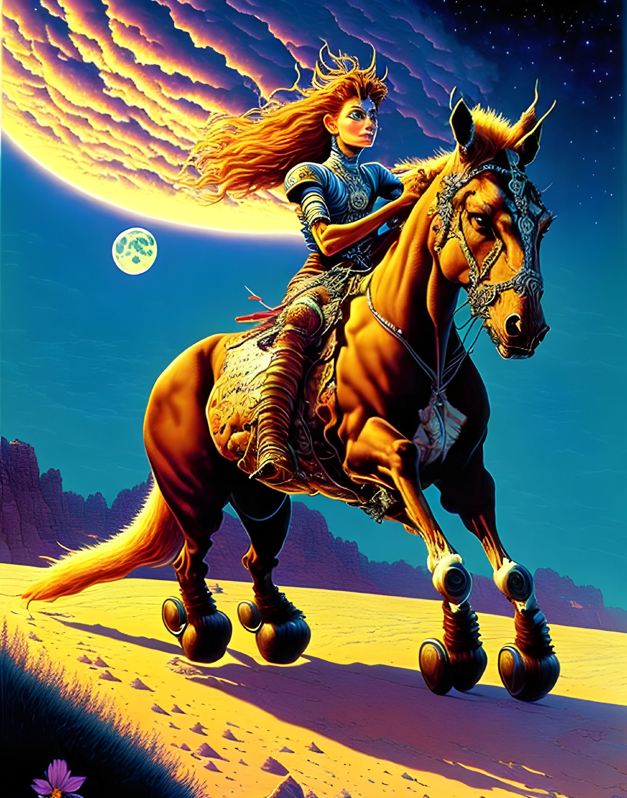 Warrior woman on roller skates with horse in desert landscape