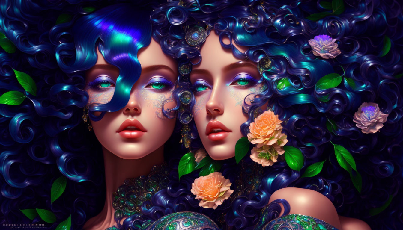 Ethereal women with vibrant blue and purple hair and intricate jewelry.