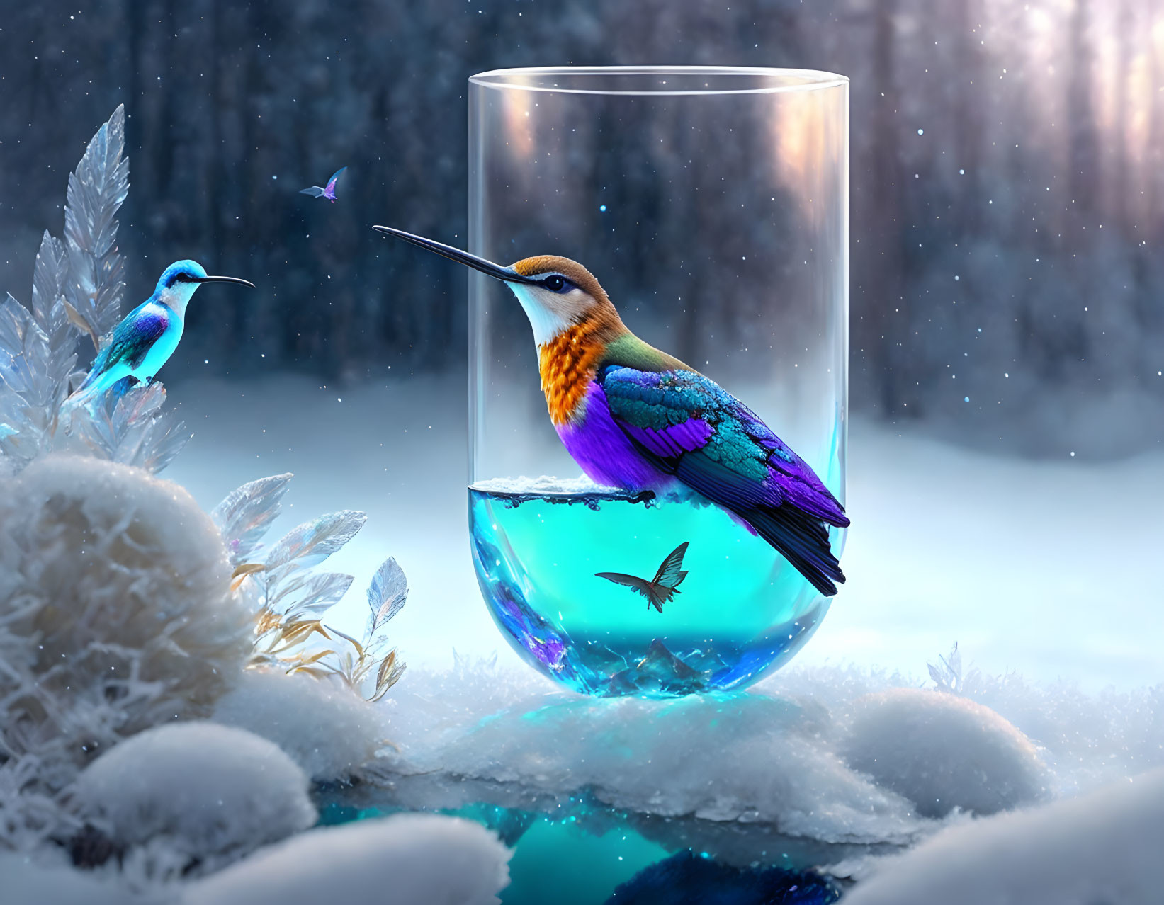 Vibrant hummingbird with butterflies on glass, snowy background