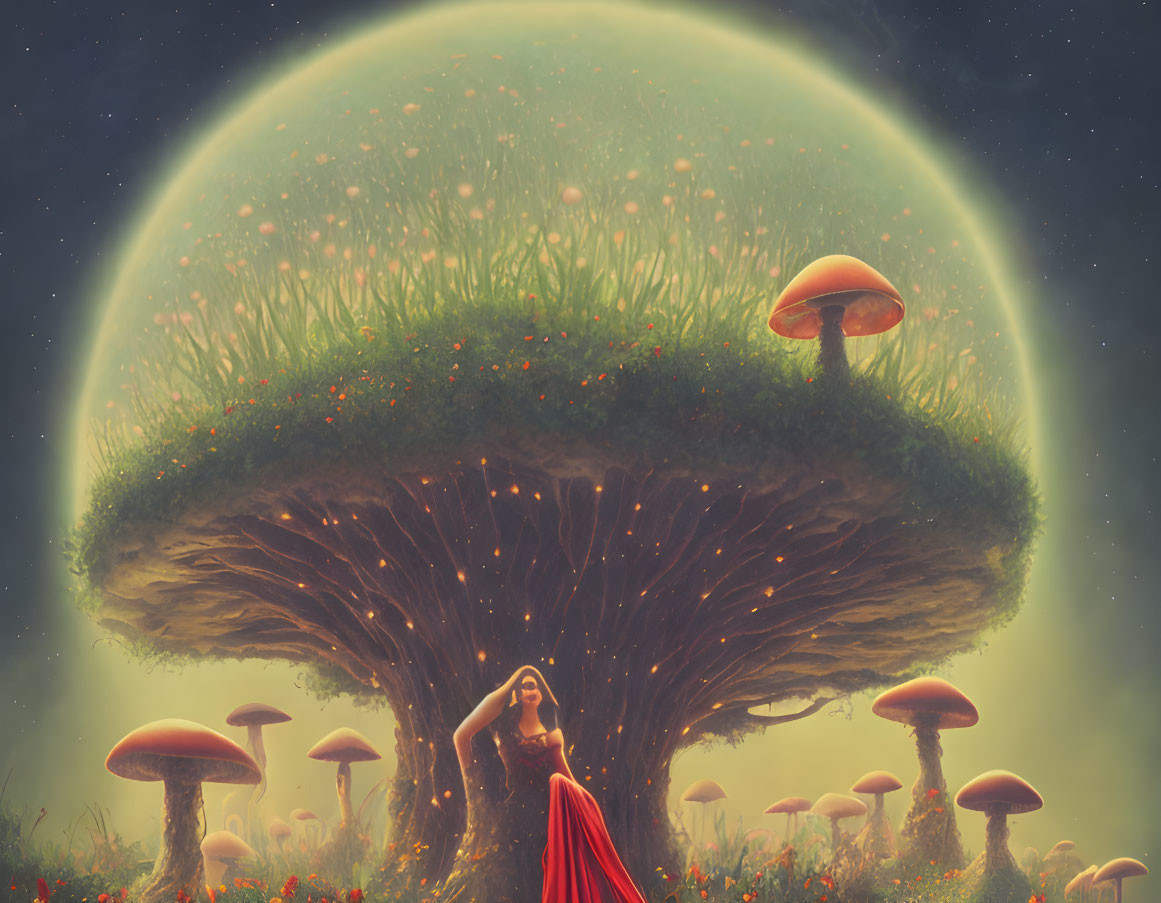 Woman in red dress under giant mushroom in fantastical landscape