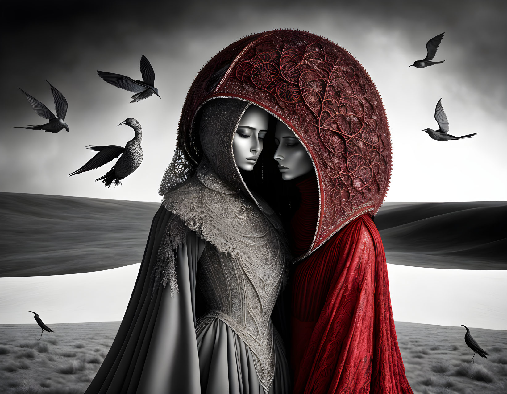 Enigmatic figures embracing in ornate cloaks with birds in monochrome landscape