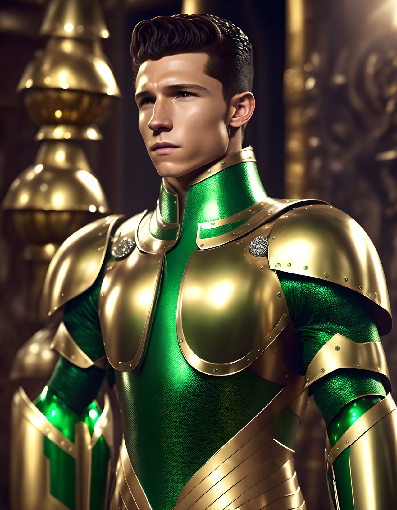 Regal man in ornate gold and green armor