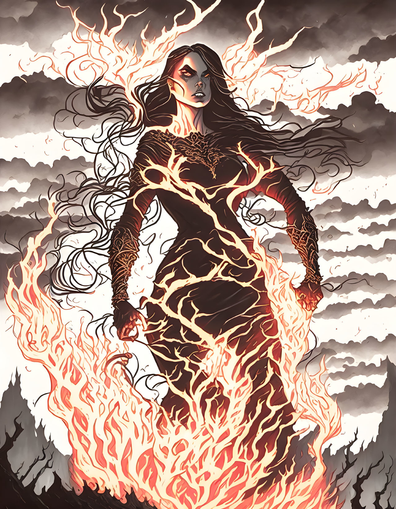 Dark-haired woman engulfed in flames against smoky clouds and treetops