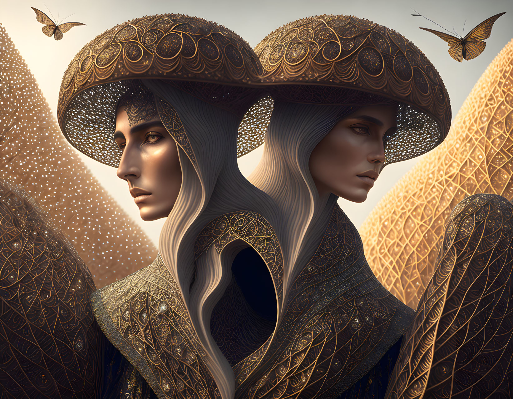 Symmetrical fantasy figures with ornate headgear in golden geometric setting.