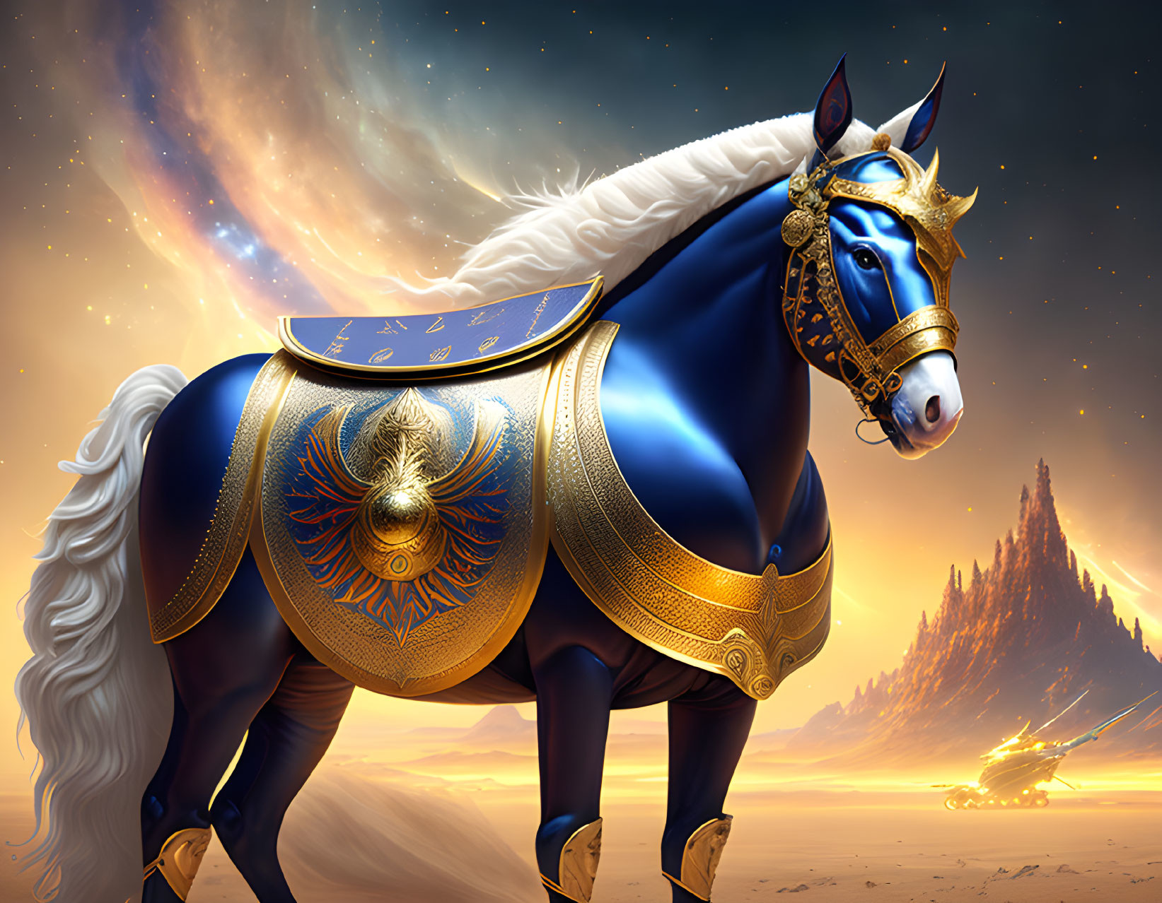 White horse in blue and gold armor in fantasy landscape with castle and shooting stars