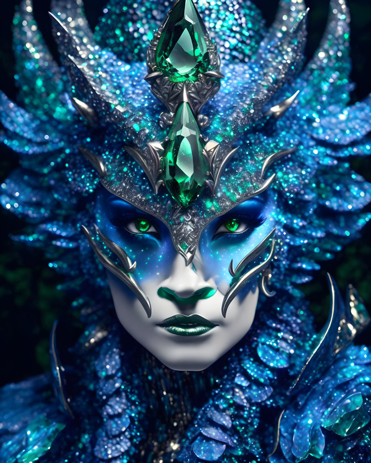 Blue-toned fantastical creature with sparkling scales and majestic crown adorned with green gemstone.