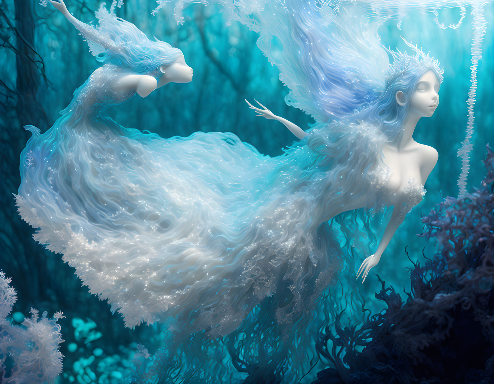 Ethereal underwater being with flowing hair and gown in surreal illustration