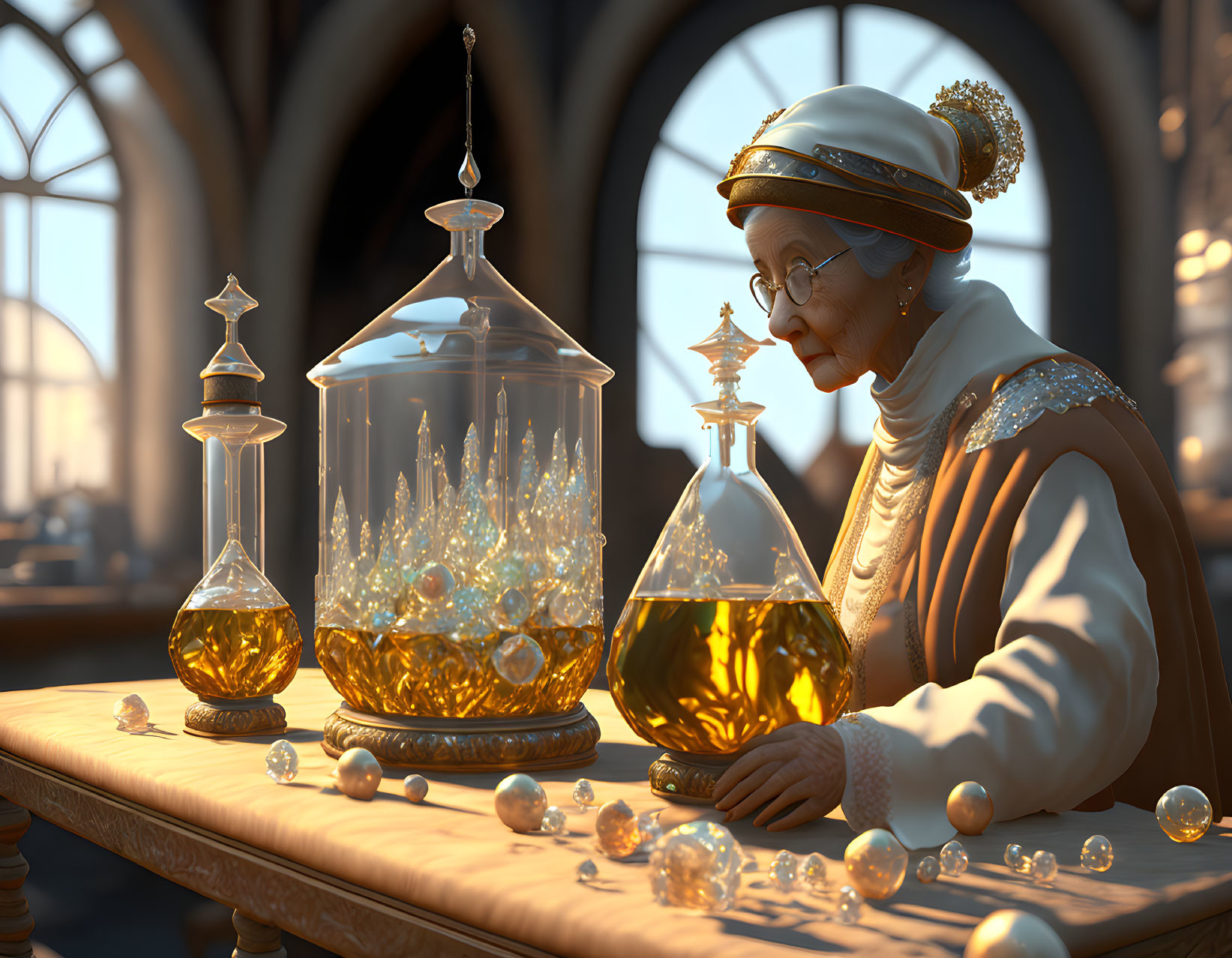 Elderly woman in historical attire admires glass vessels with golden liquid in a pearl-adorned