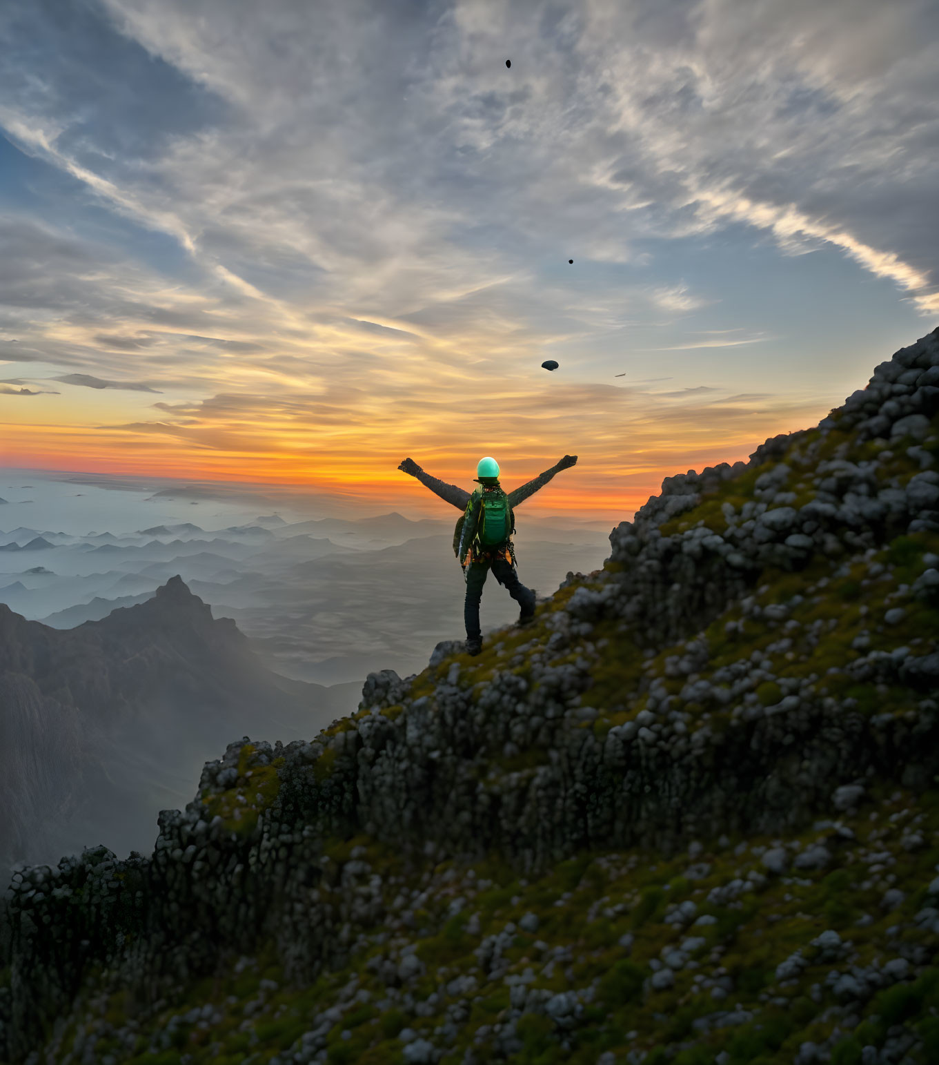 Person in adventure gear on mountain with paragliders at sunset