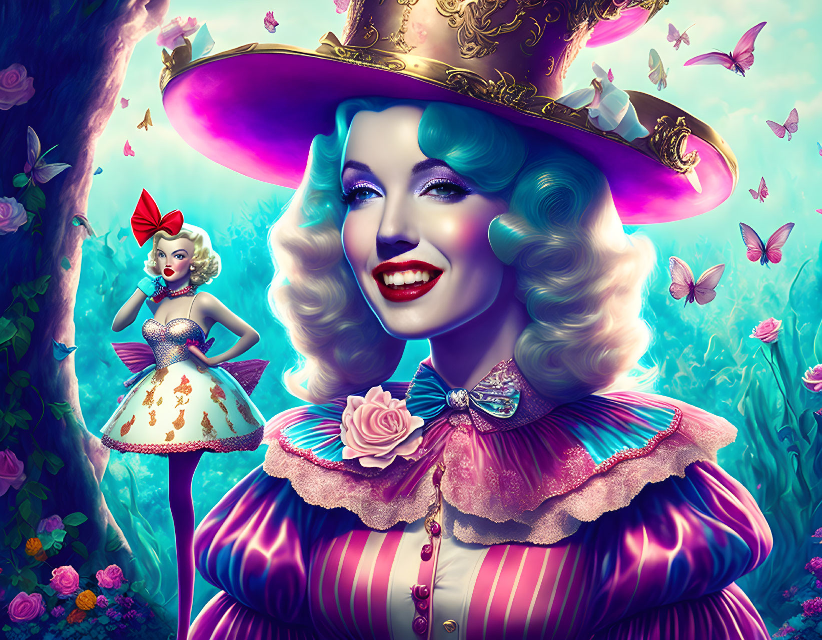 Colorful Artwork: Two Women in Fantastical Costumes with Butterflies