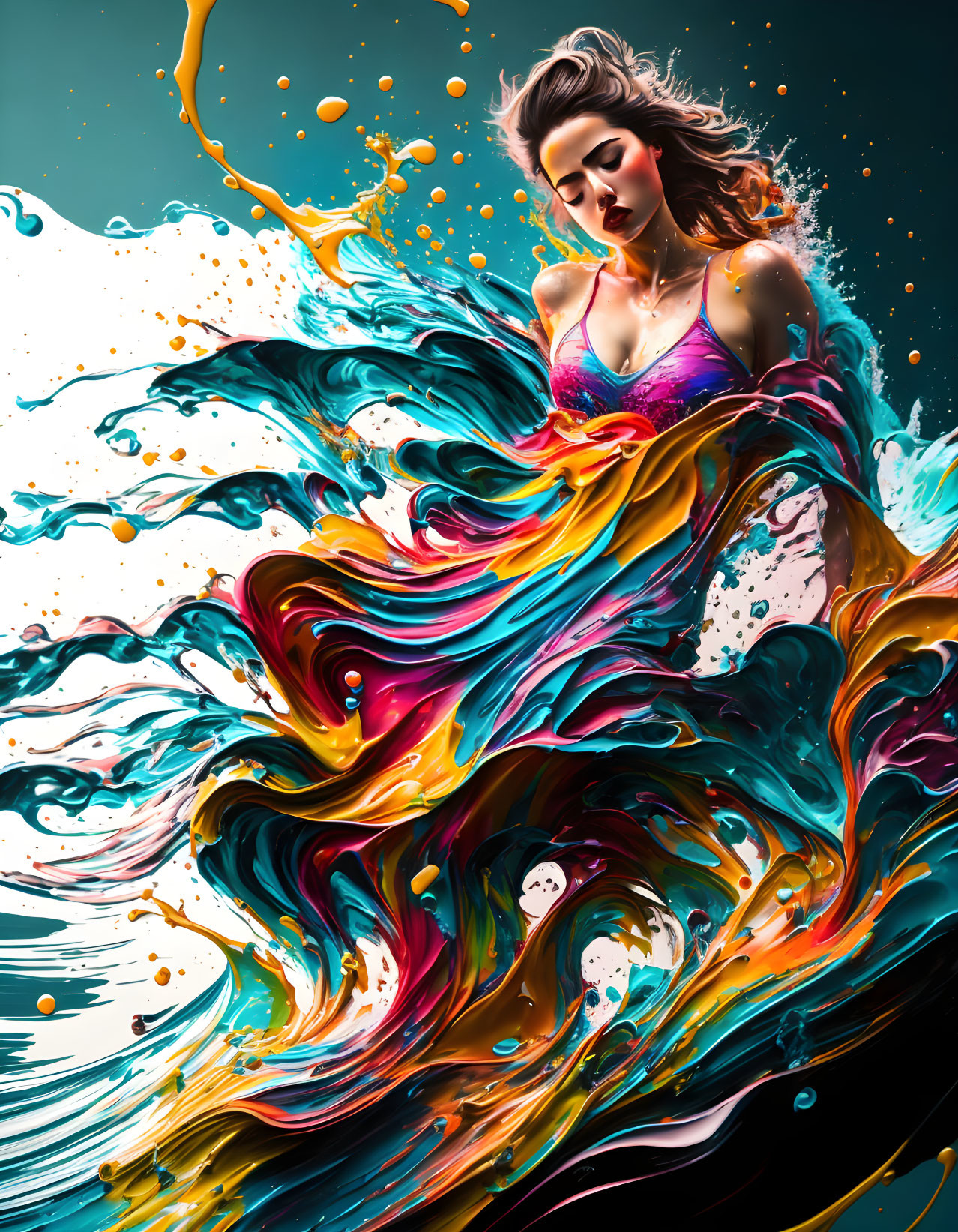 Colorful liquid waves around woman on dark background